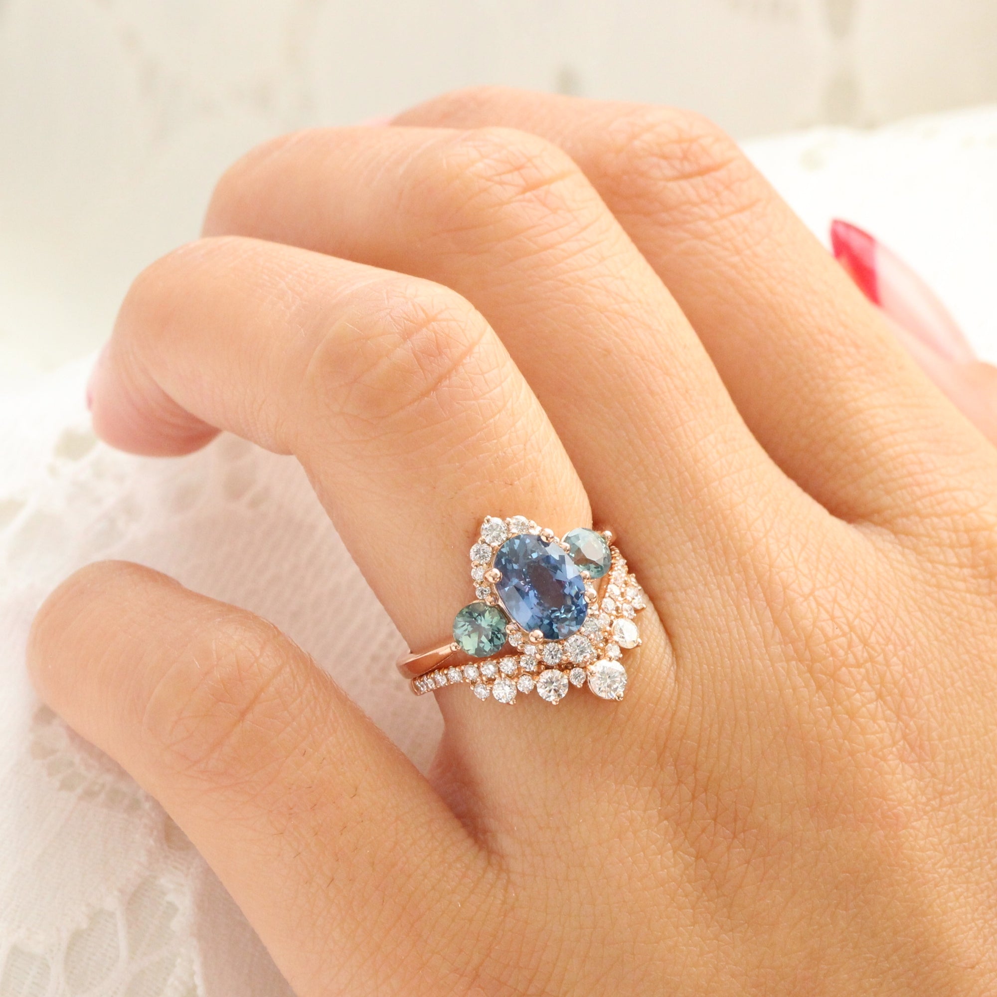 Unique teal blue sapphire ring rose gold diamond halo 3 stone ring la more design jewelry