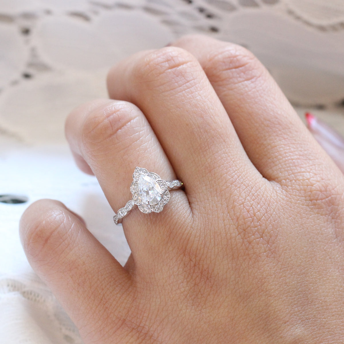 Pear moissanite engagement ring gold vintage halo diamond moissanite ring la more design jewelry