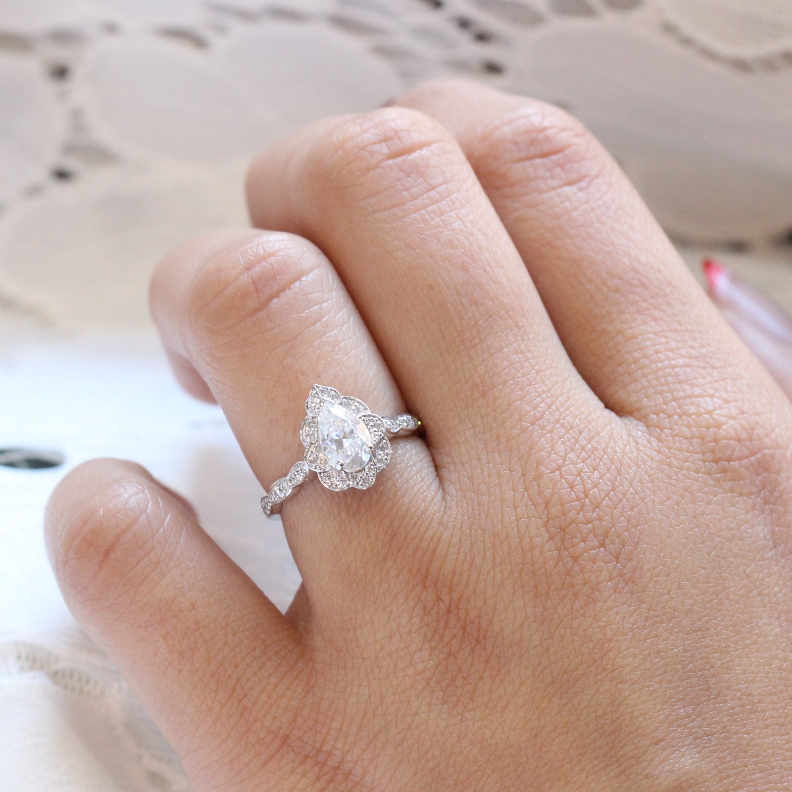 Pear moissanite engagement ring gold vintage halo diamond moissanite ring la more design jewelry