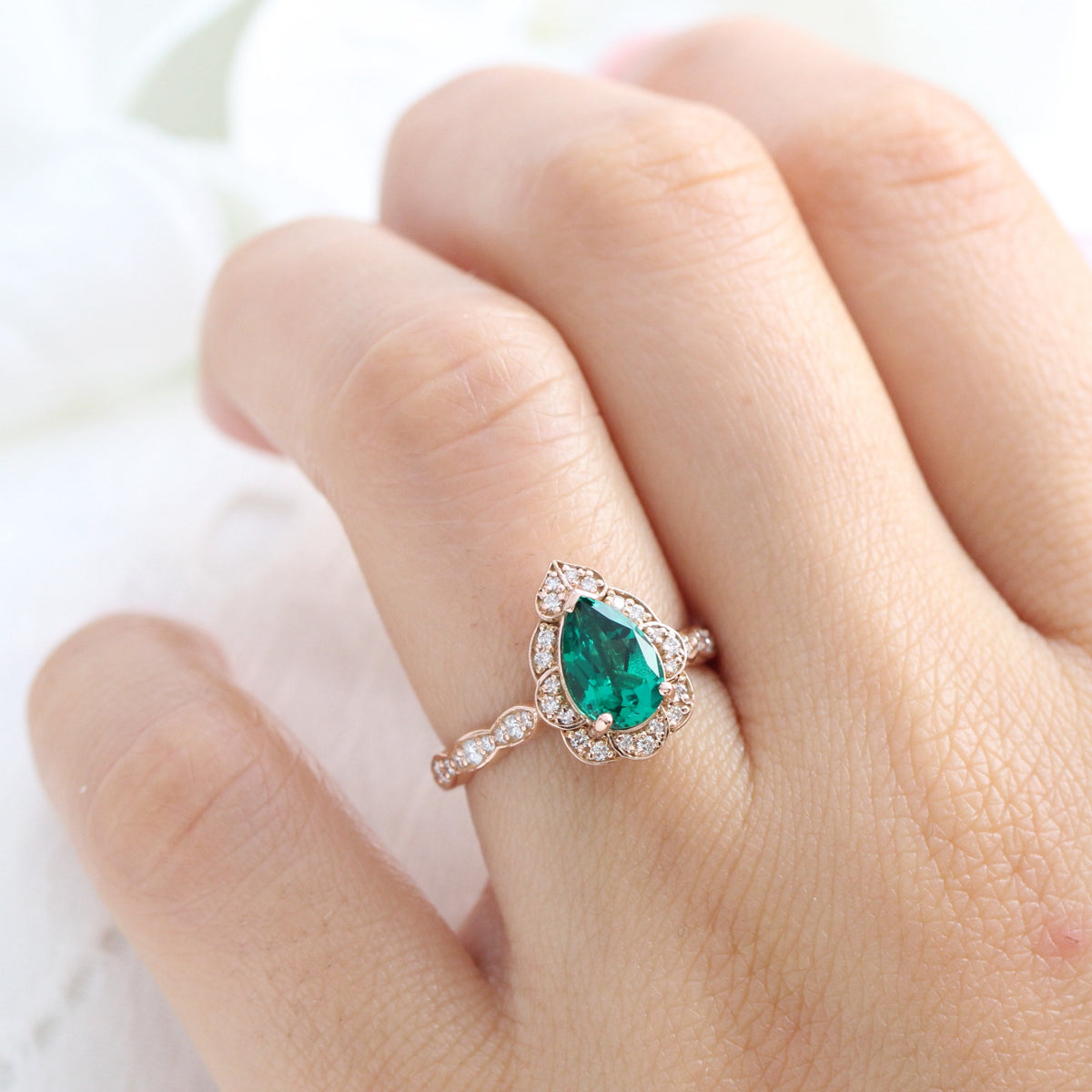 Large pear emerald engagement ring rose gold vintage halo diamond emerald ring la more design jewelry