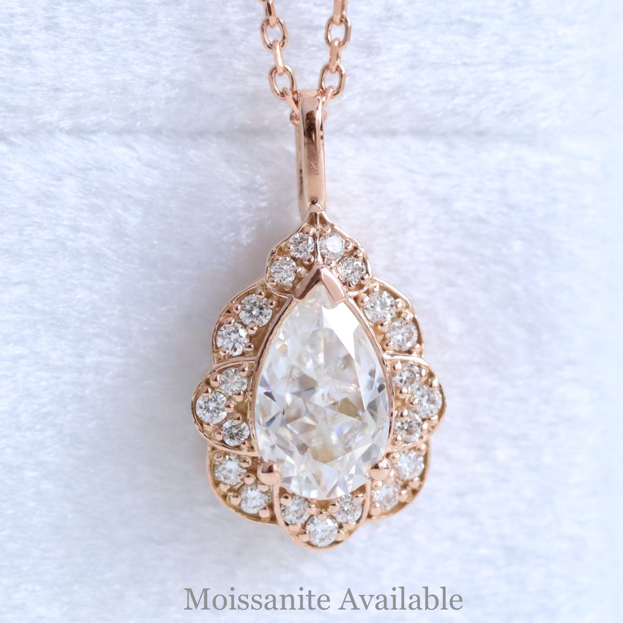 Vintage halo diamond Pear Moissanite pendant rose gold drop necklace la more design jewelry