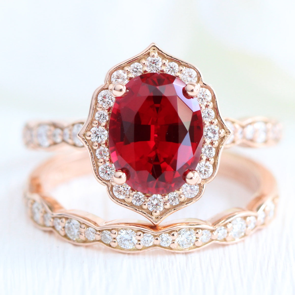 Vintage halo diamond large ruby ring stack rose gold eternity wedding band la more design jewelry
