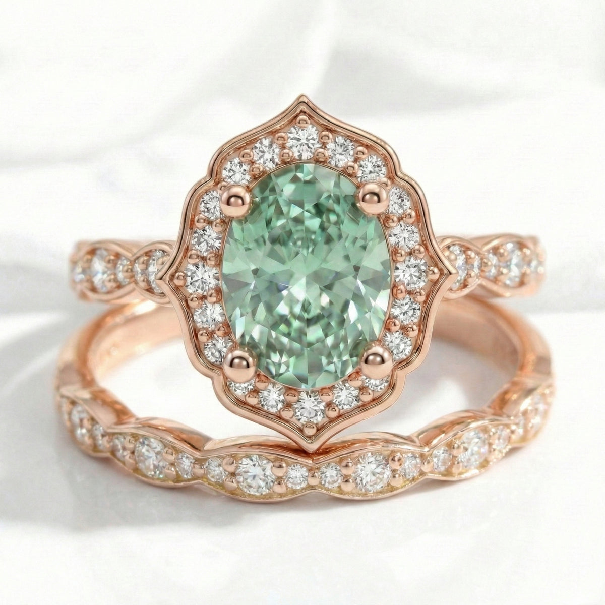 Vintage halo diamond oval green sapphire ring bridal set rose gold matching diamond wedding band stack la more design jewelry