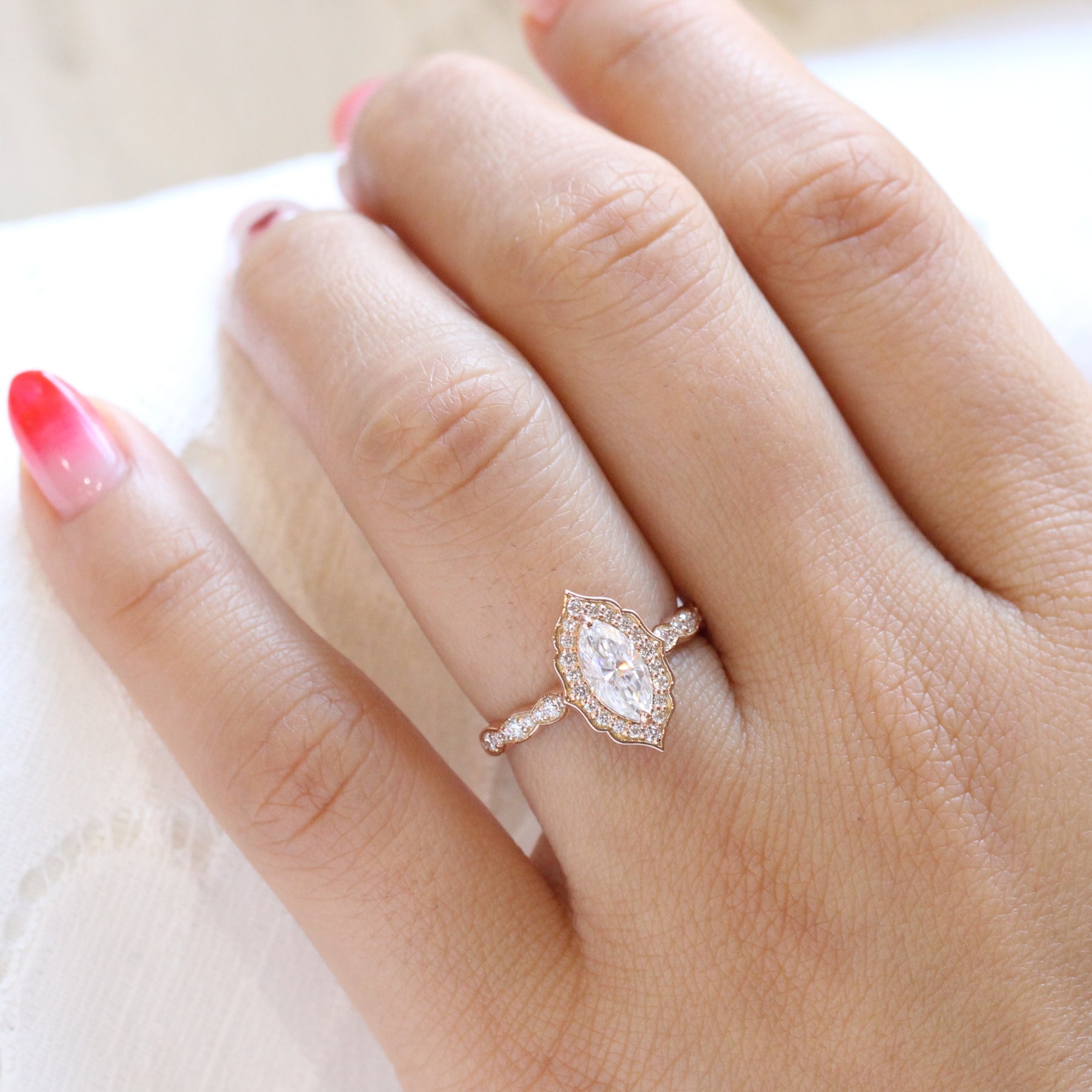 marquise moissanite ring rose gold vintage halo diamond moissanite engagement ring la more design jewelry