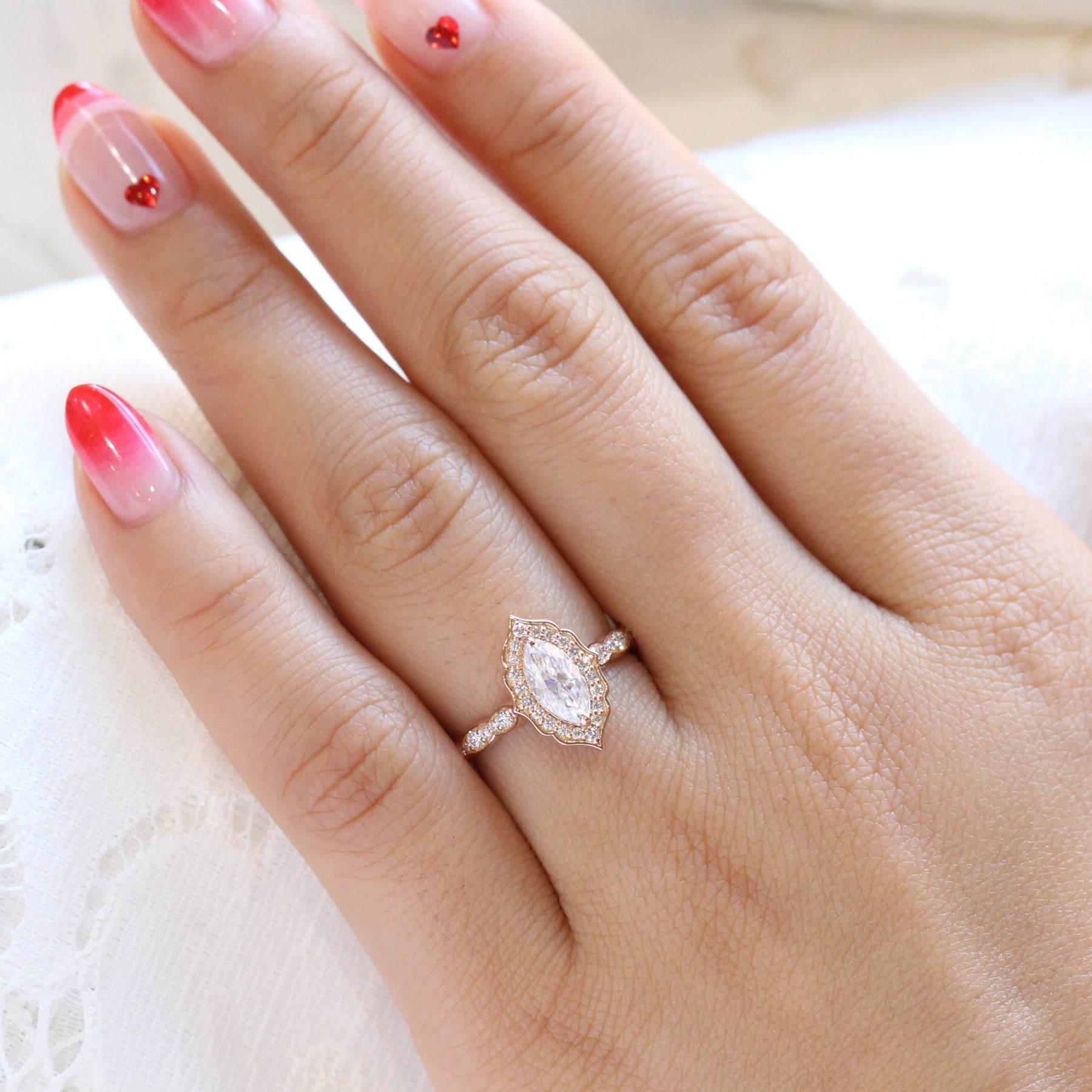 marquise moissanite ring rose gold vintage halo diamond moissanite engagement ring la more design jewelry