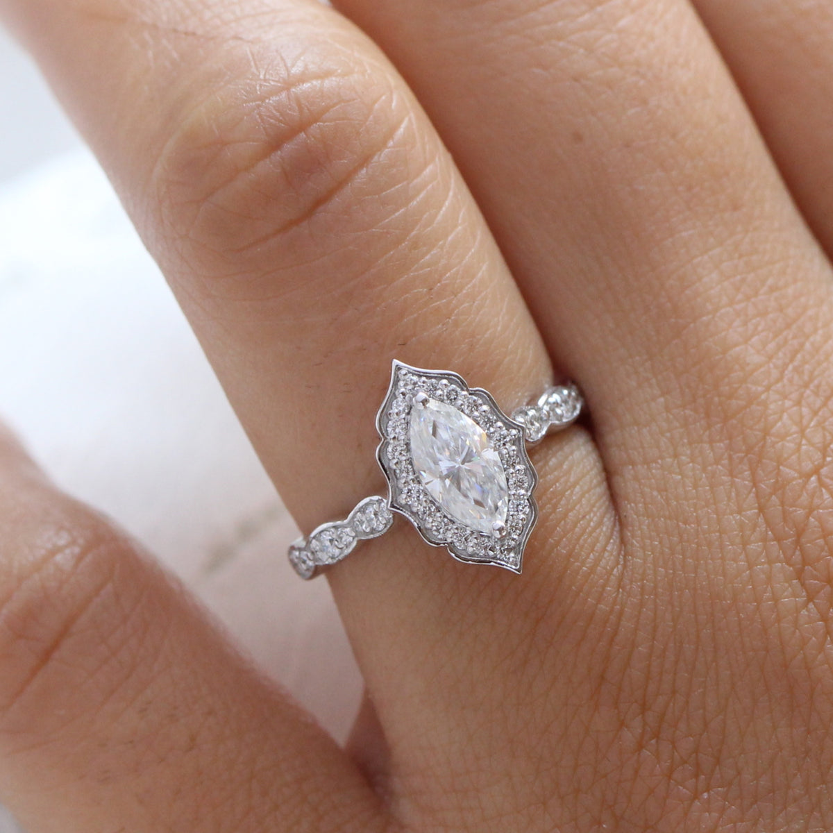 marquise moissanite ring white gold vintage halo diamond moissanite engagement ring la more design jewelry