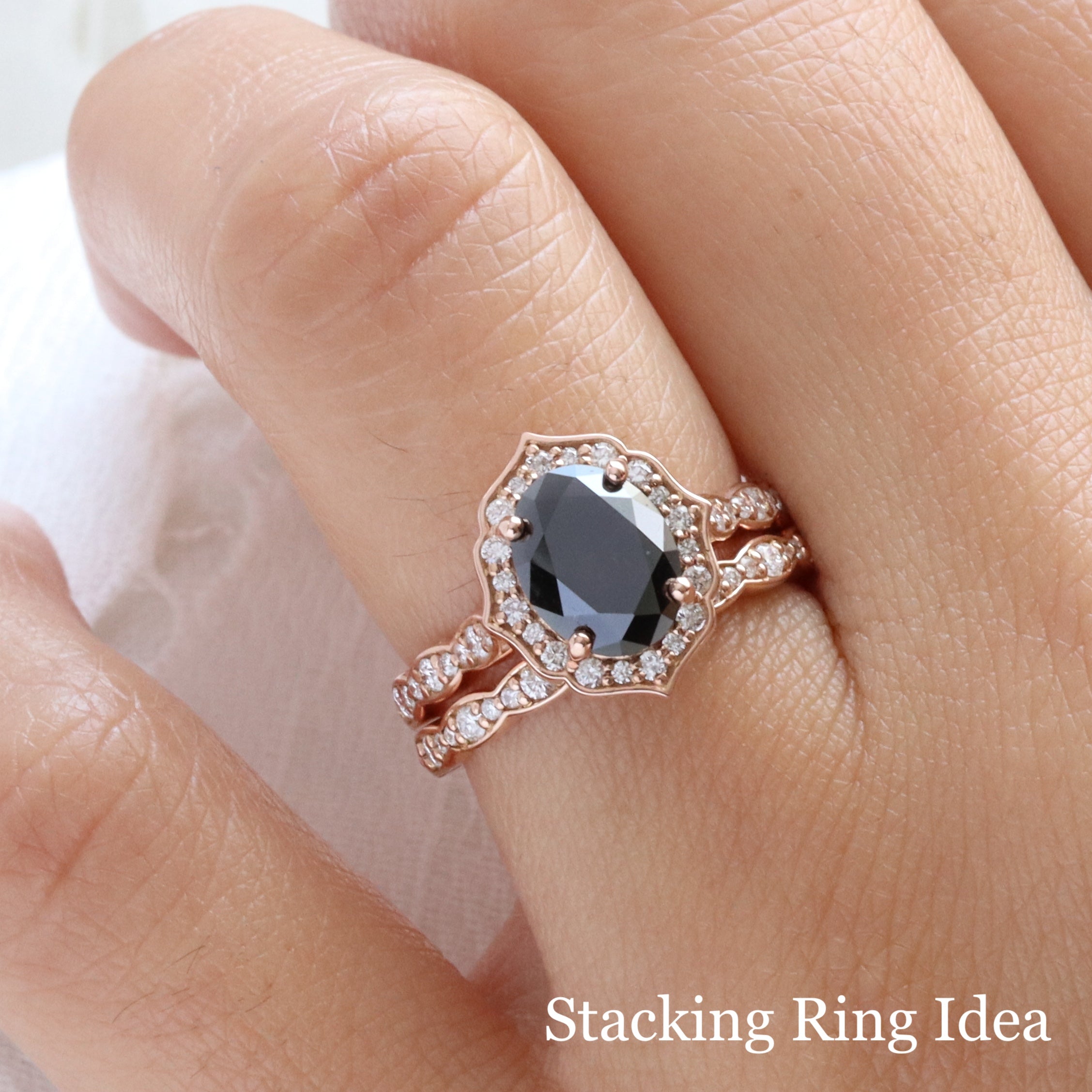 Large oval black diamond ring bridal set rose gold vintage halo black diamond ring stack la more design jewelry