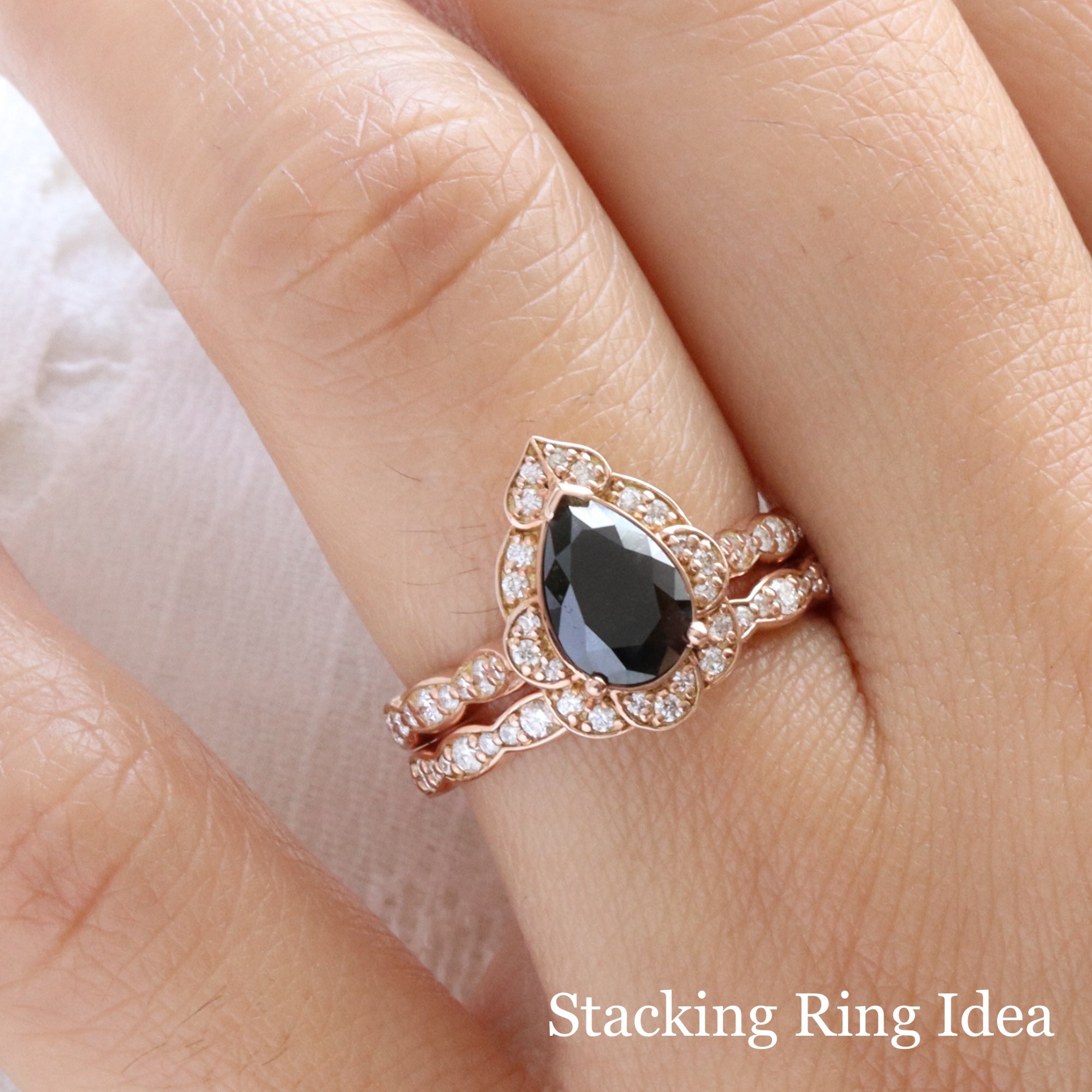 Large pear black diamond ring bridal set rose gold vintage halo black diamond ring stack la more design jewelry
