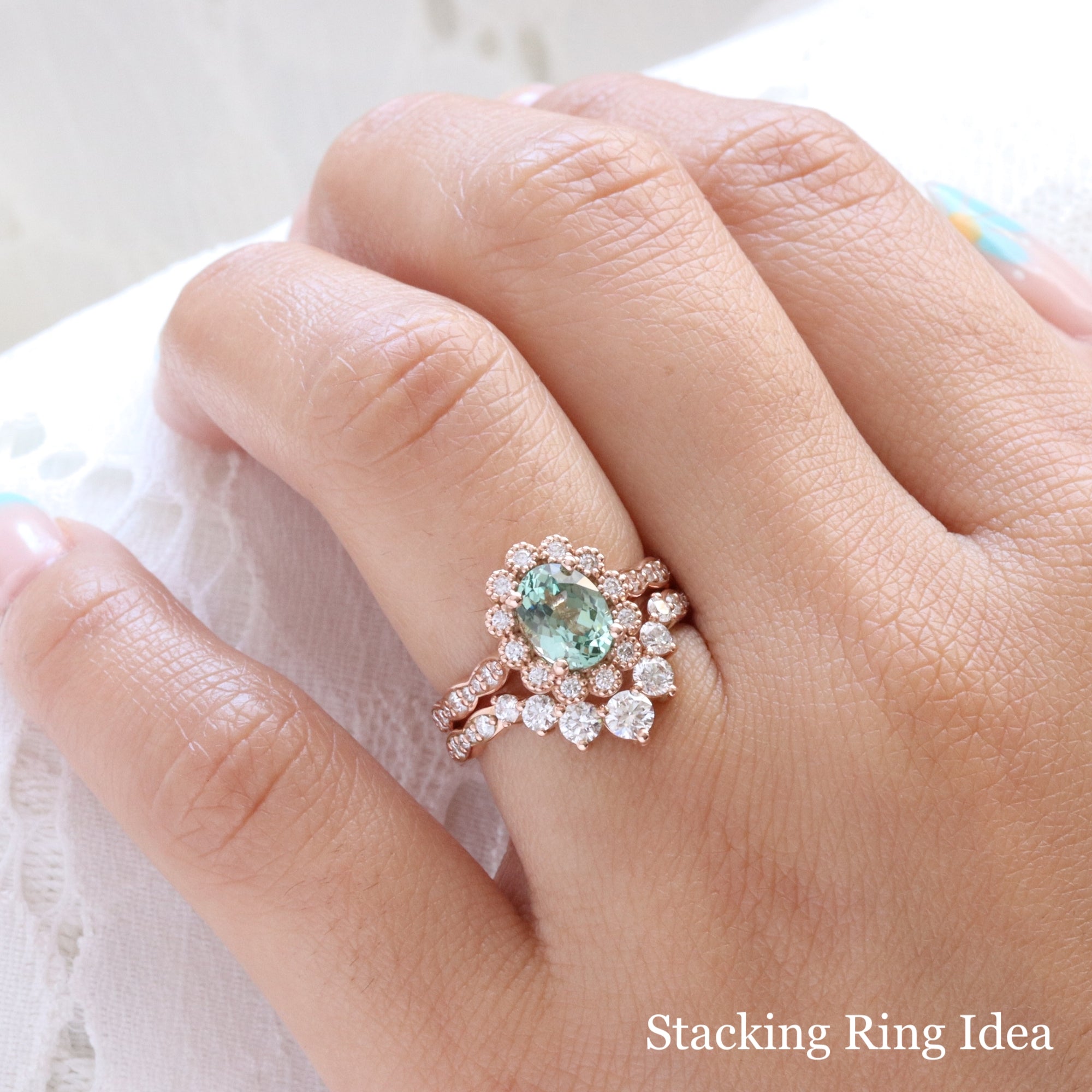 Oval seafoam green sapphire engagement ring rose gold vintage halo diamond sapphire ring la more design jewelry
