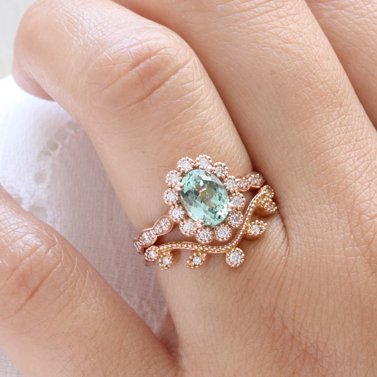 Vintage style green sapphire ring bridal set rose gold curved leaf diamond wedding ring stack la more design jewelry