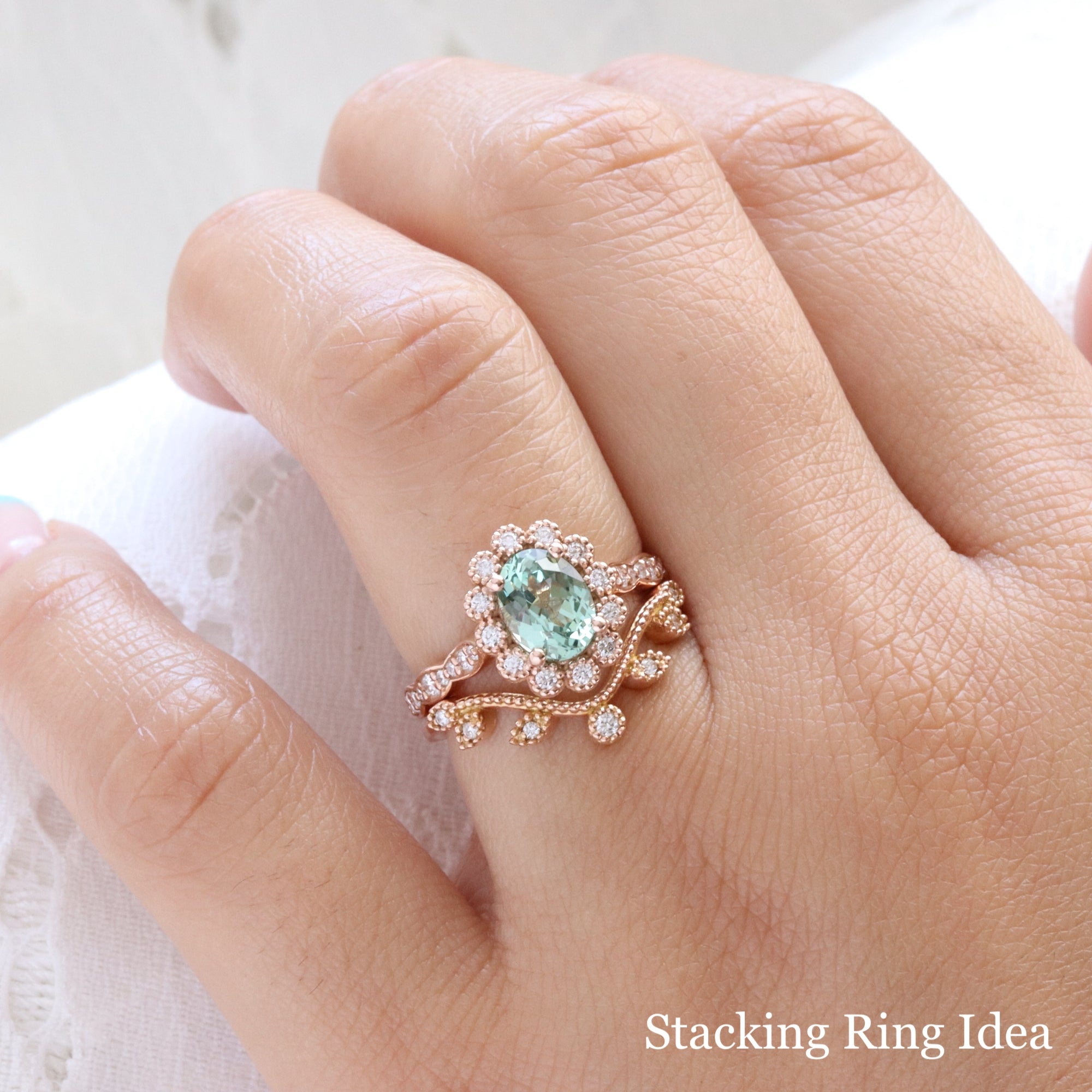 Oval seafoam green sapphire engagement ring rose gold vintage halo diamond sapphire ring la more design jewelry