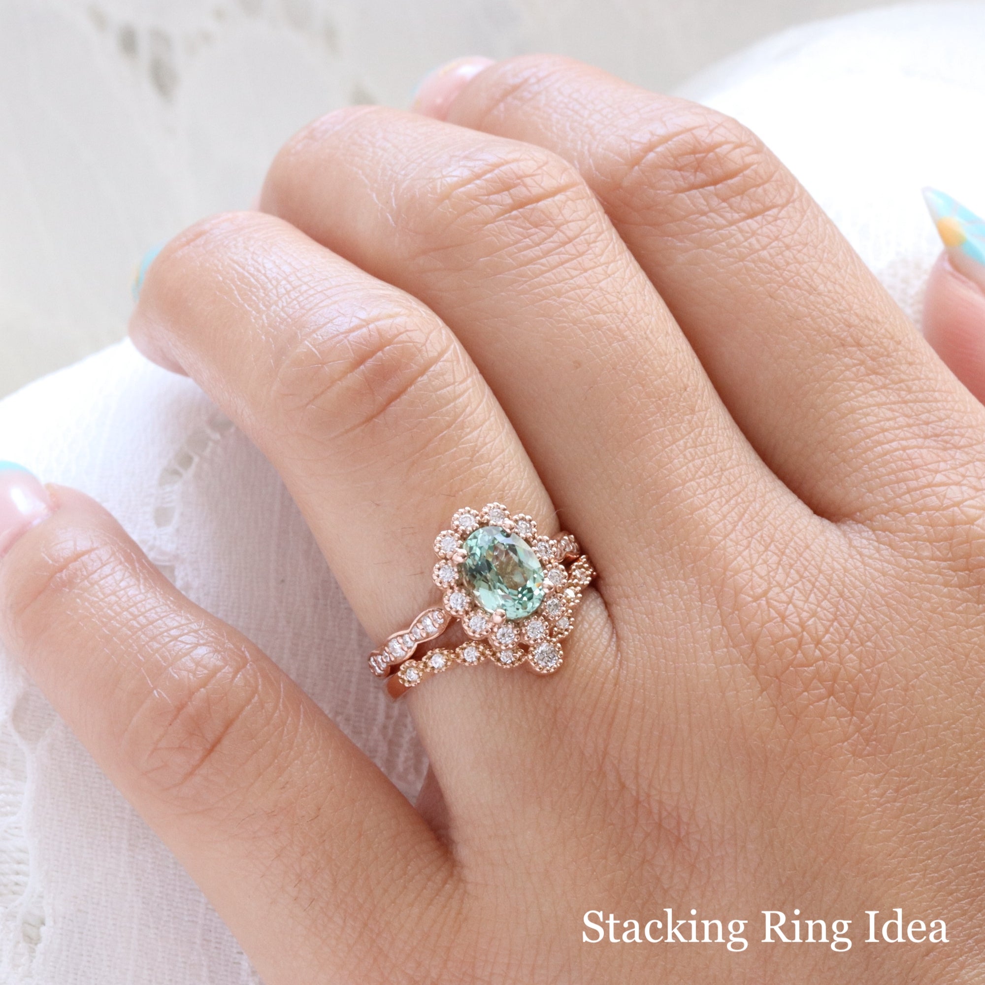 Oval seafoam green sapphire engagement ring rose gold vintage halo diamond sapphire ring la more design jewelry