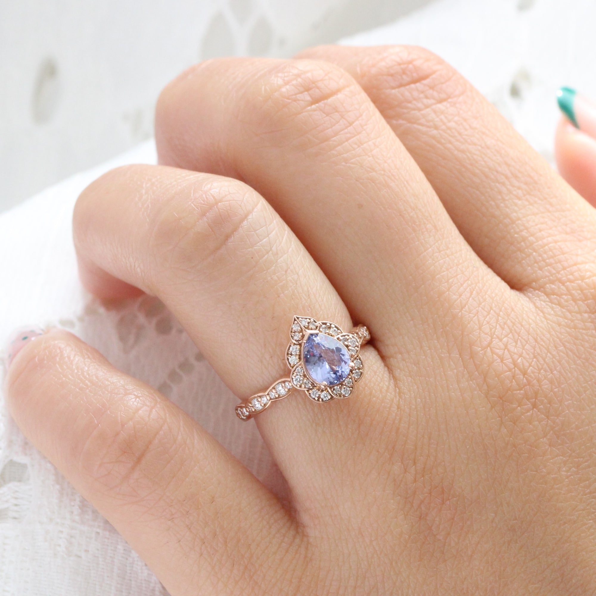Vintage style lavender pear sapphire ring rose gold sapphire diamond ring la more design jewelry