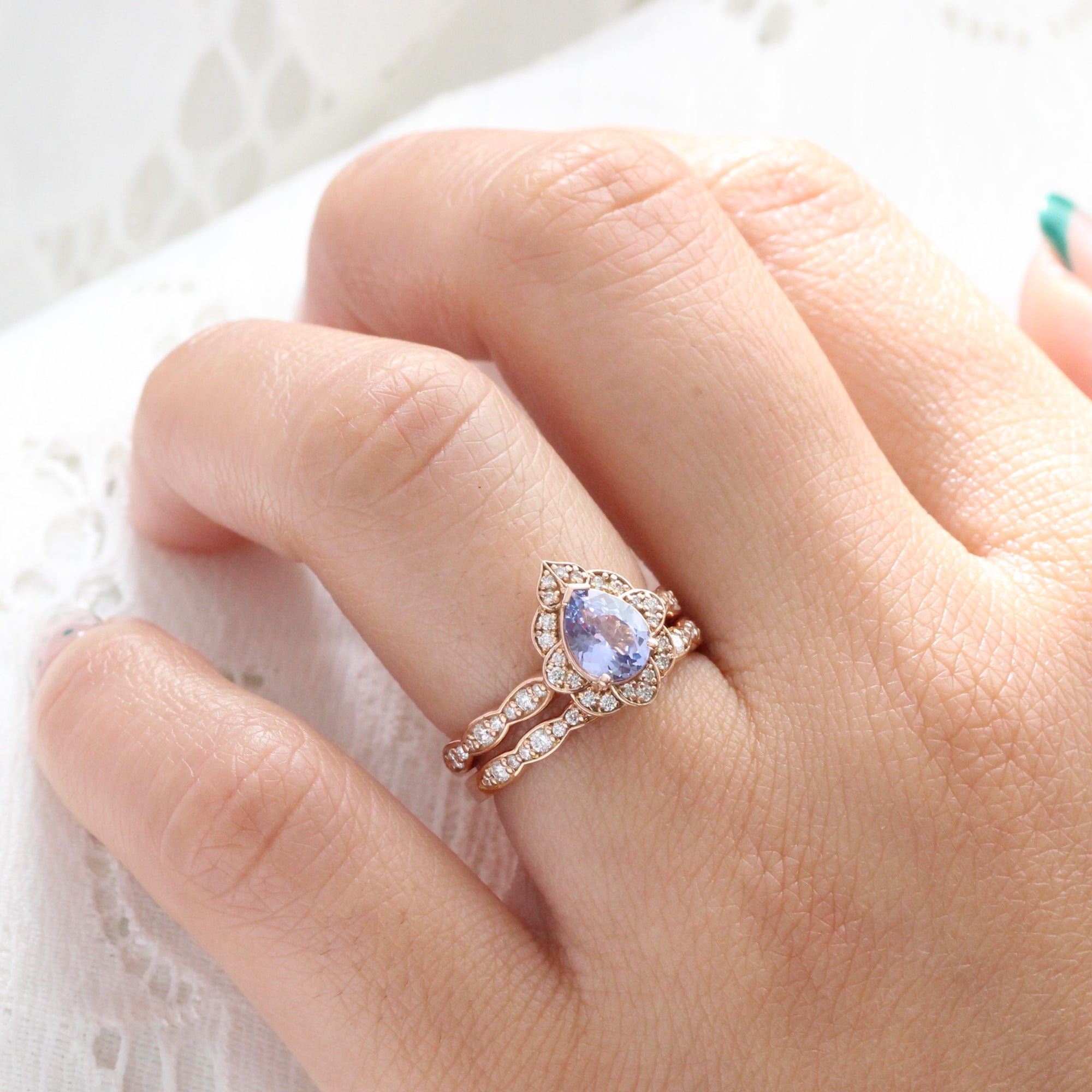 Vintage style lavender pear sapphire ring rose gold sapphire diamond ring la more design jewelry