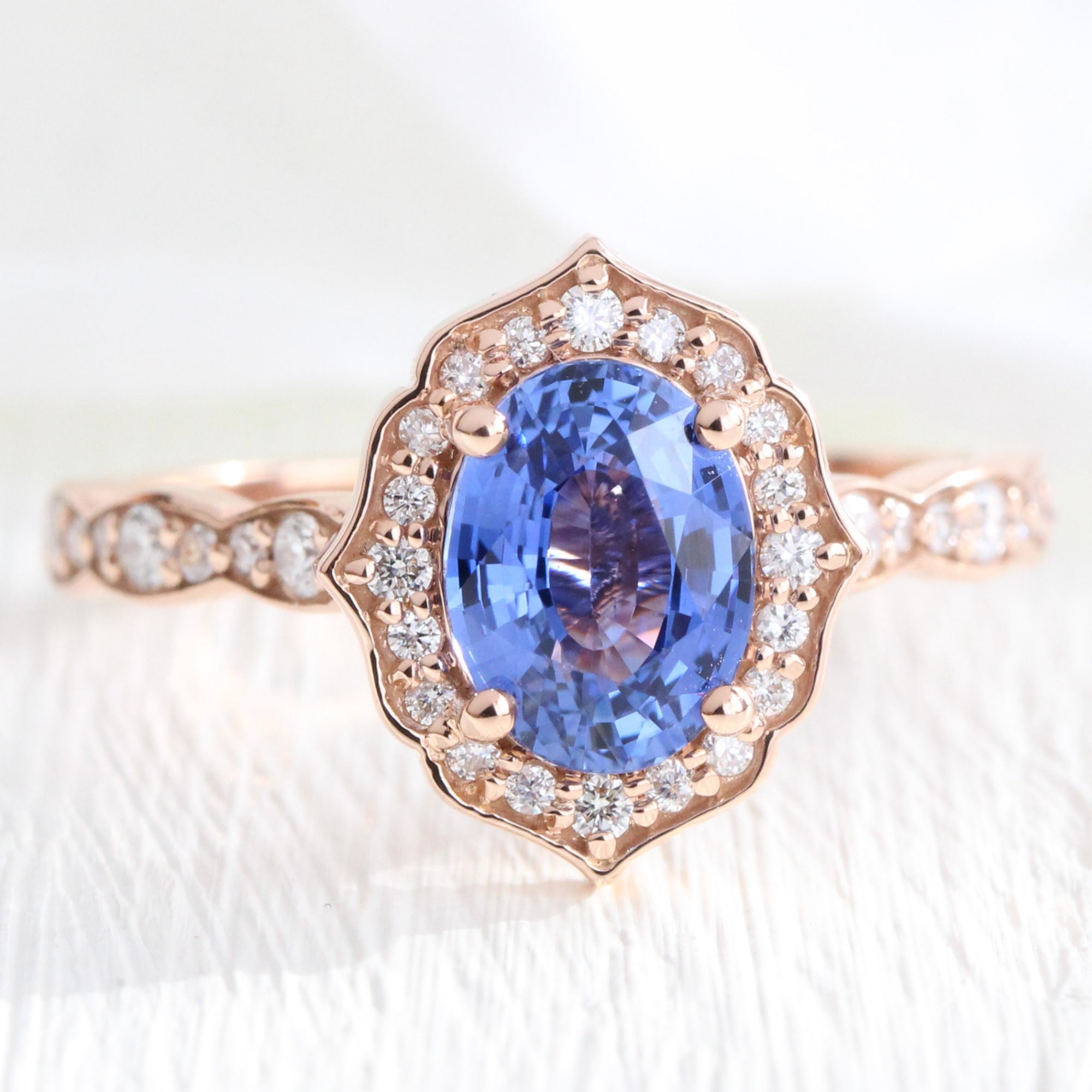 Vintage style oval Ceylon blue sapphire ring rose gold sapphire diamond ring la more design jewelry