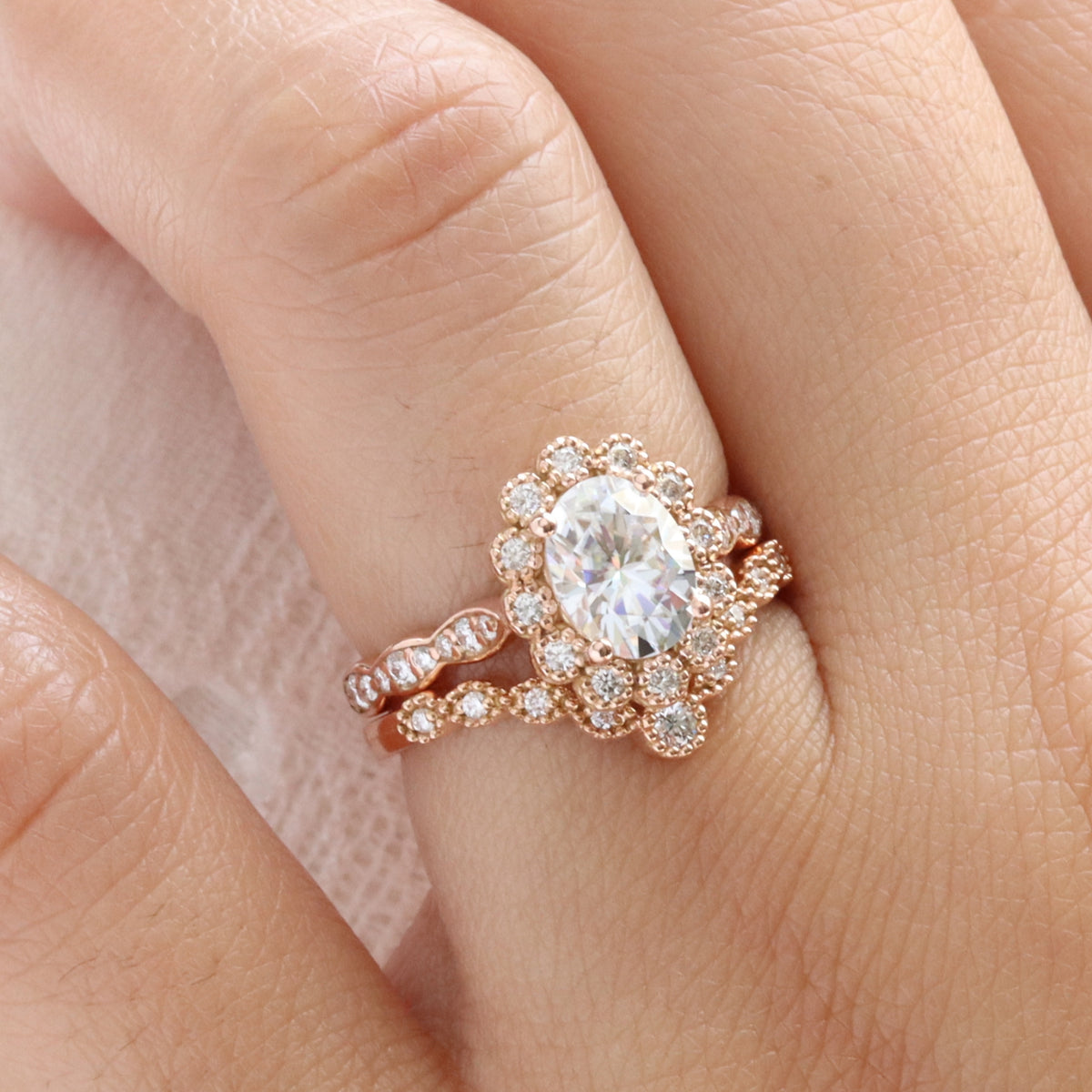 Vintage style oval moissanite ring stack rose gold curved diamond wedding ring bridal set la more design jewelry