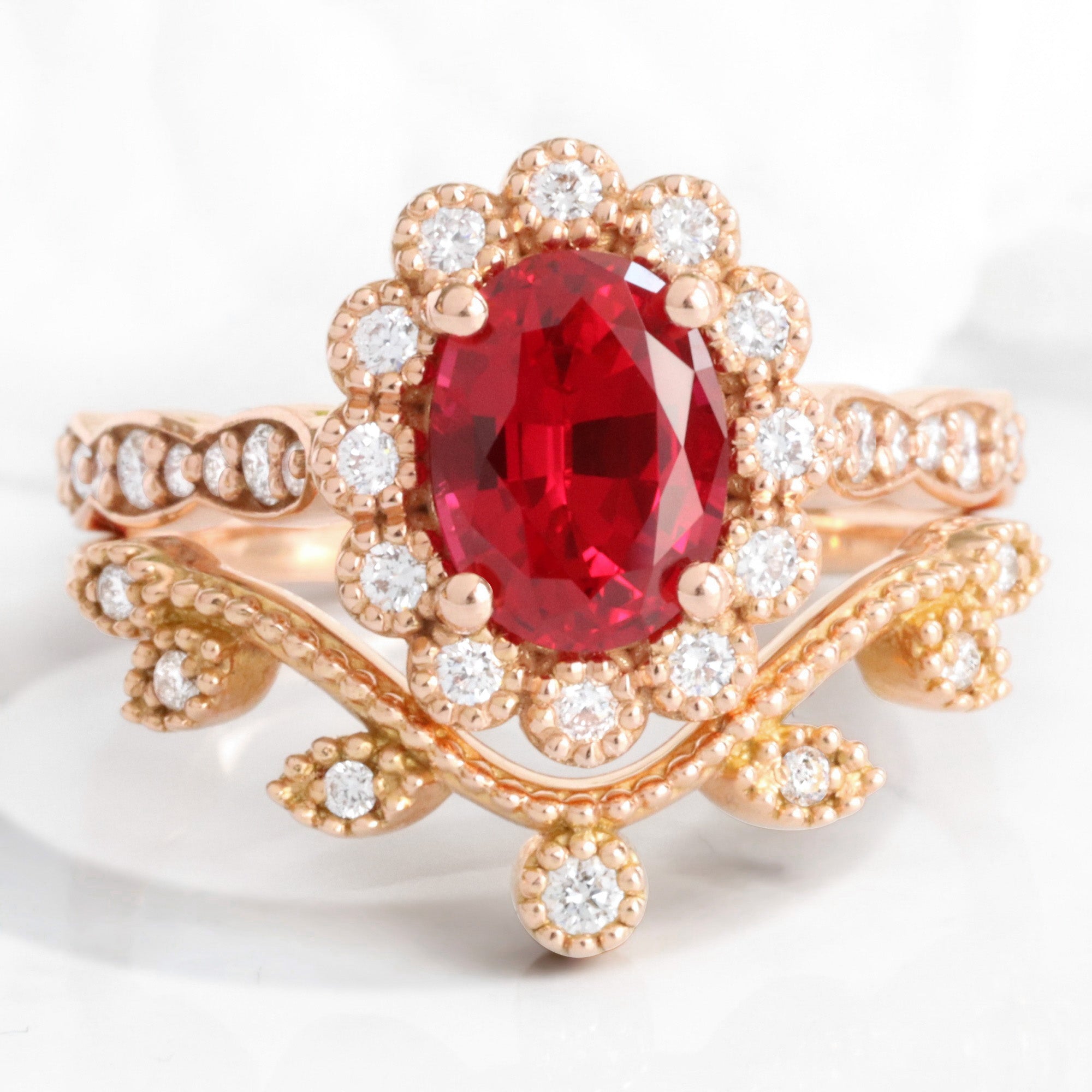 Vintage Ruby and Diamond Ring Set Rose Gold Oval Ruby Halo Ring