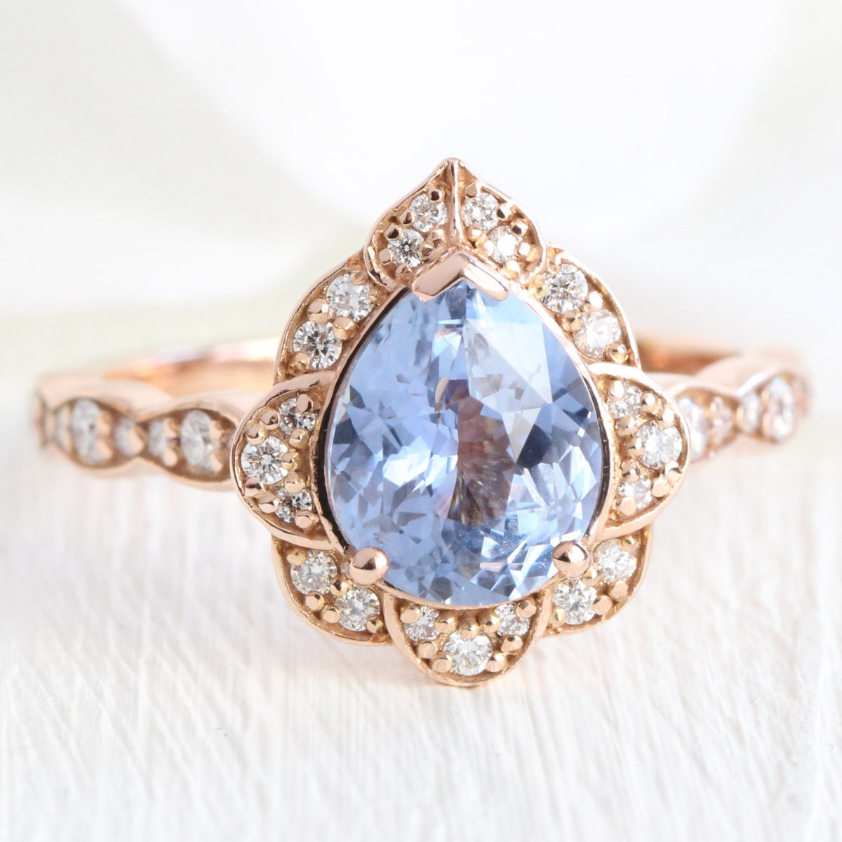 Vintage style pear cut aqua blue sapphire ring rose gold sapphire diamond ring la more design jewelry