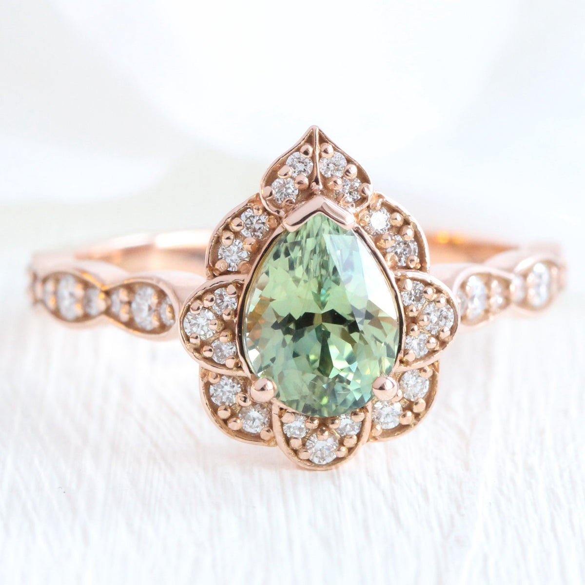 Vintage style pear cut green sapphire ring rose gold sapphire diamond ring la more design jewelry