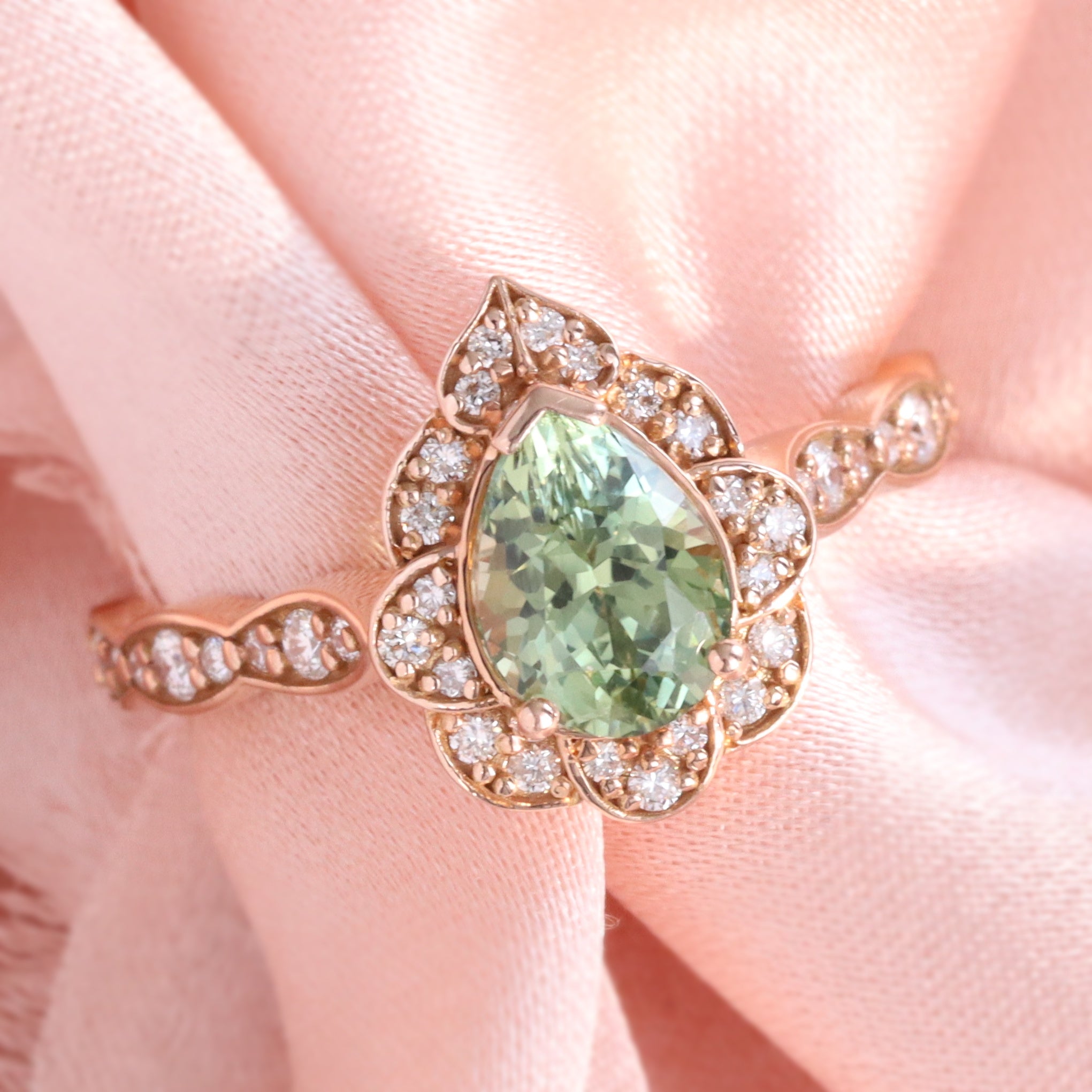 Vintage Floral Pear Green Sapphire Diamond Engagement Ring Rose