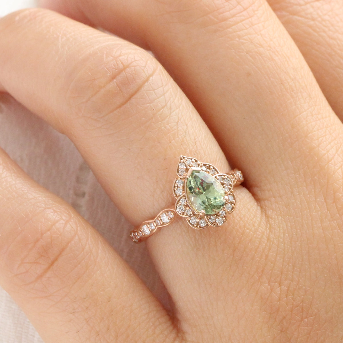 Vintage style pear cut green sapphire ring rose gold sapphire diamond ring la more design jewelry