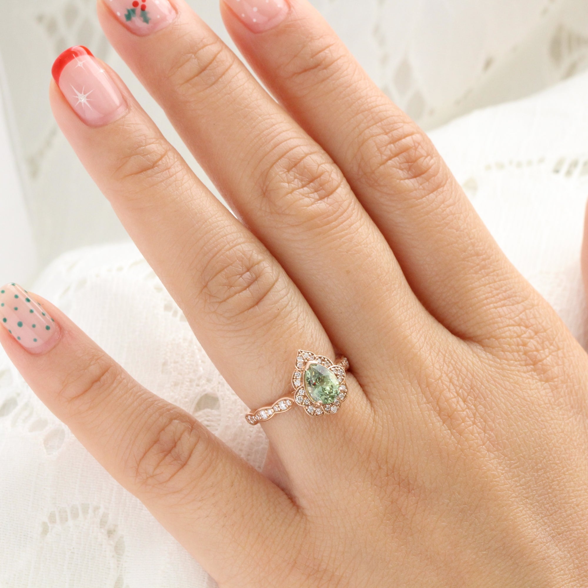 Vintage style pear cut green sapphire ring rose gold sapphire diamond ring la more design jewelry