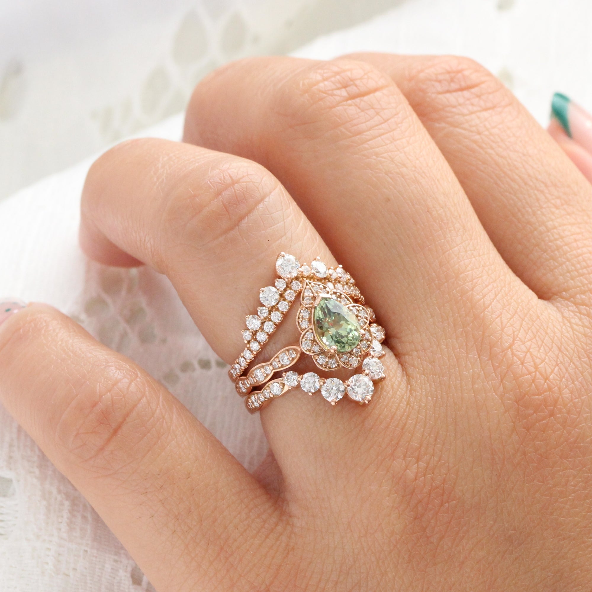 Vintage style pear cut green sapphire ring rose gold sapphire diamond ring la more design jewelry