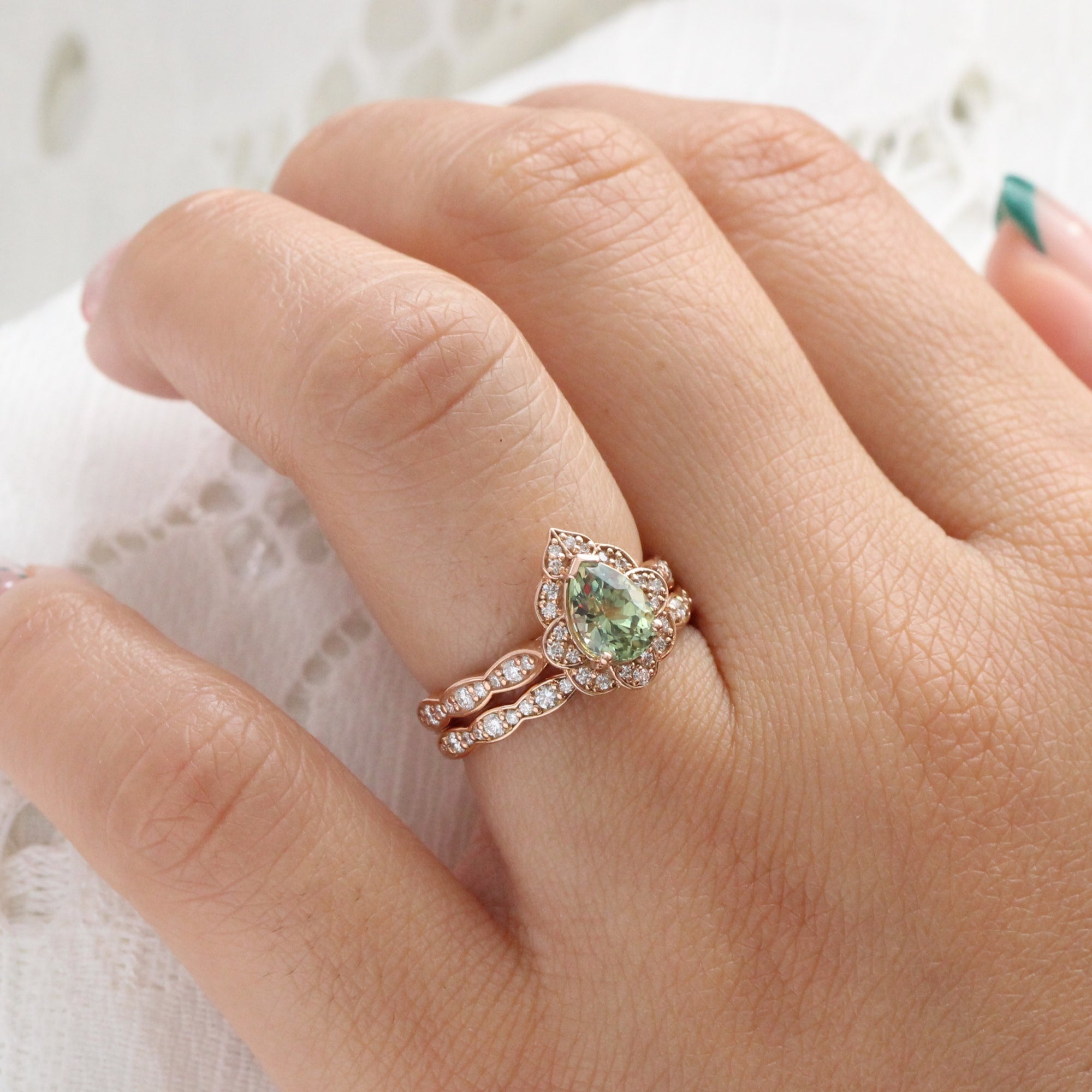 Vintage style pear cut green sapphire ring rose gold sapphire diamond ring la more design jewelry