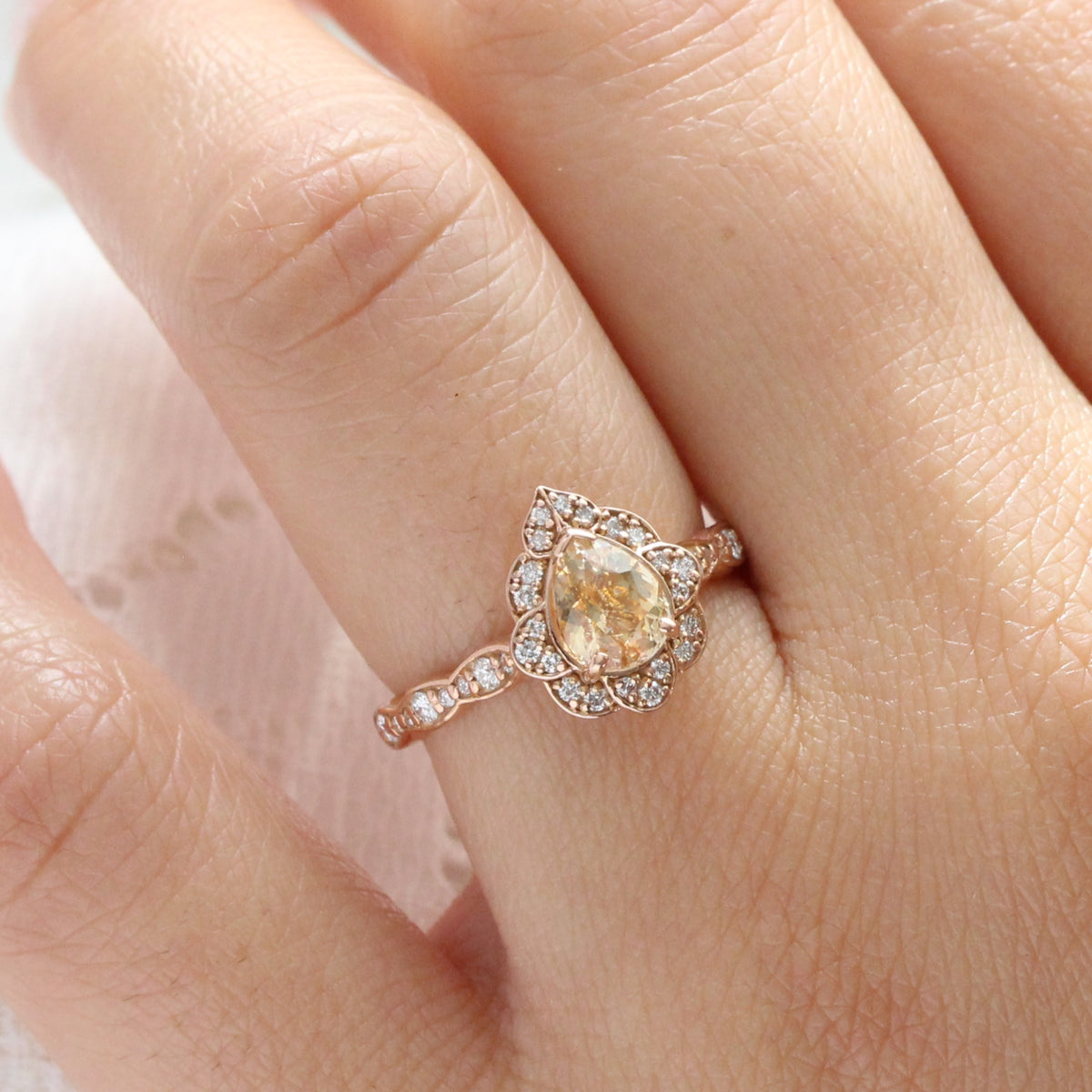 Vintage style pear cut peach sapphire ring rose gold sapphire diamond ring la more design jewelry