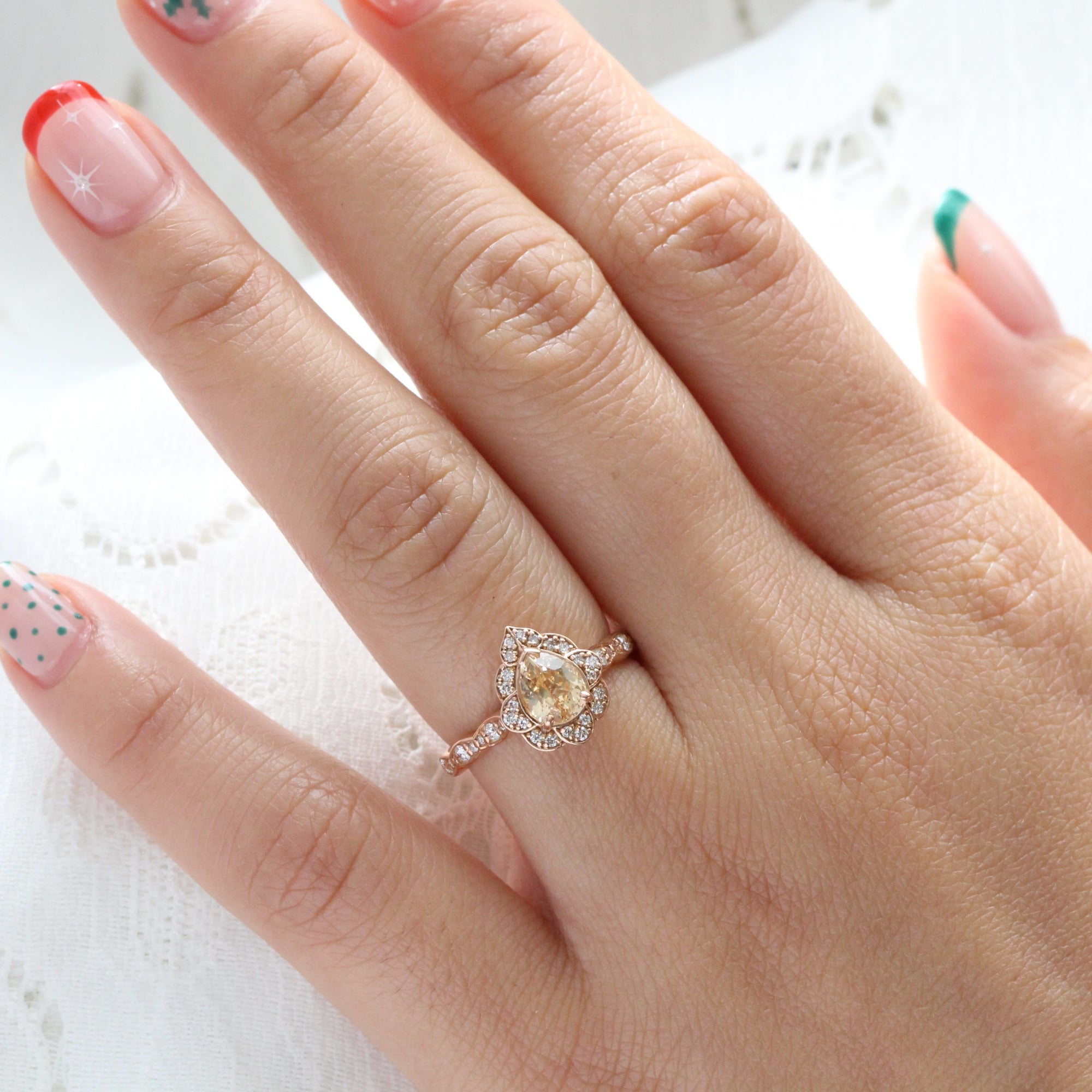 Vintage style pear cut peach sapphire ring rose gold sapphire diamond ring la more design jewelry