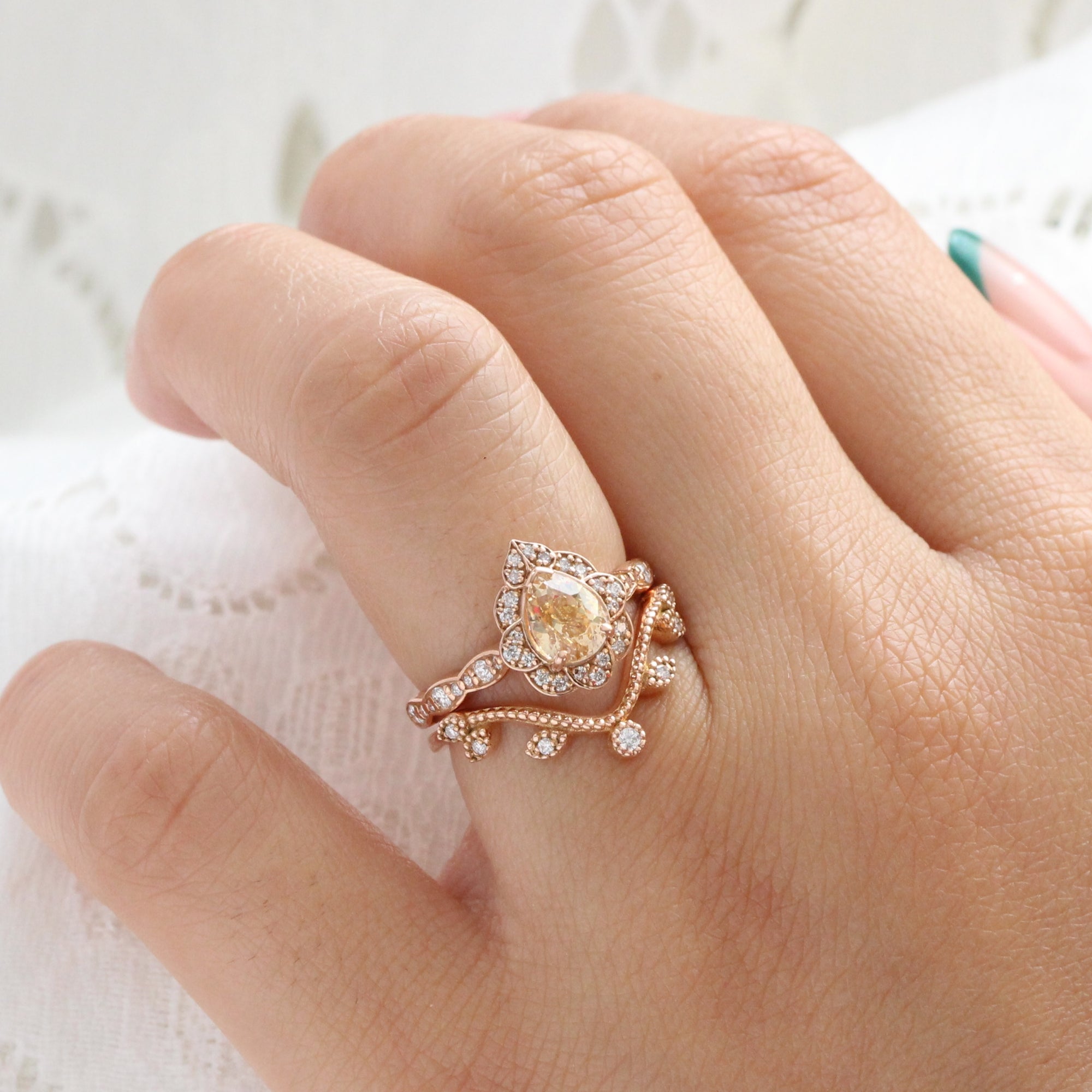Vintage style pear cut peach sapphire ring rose gold sapphire diamond ring la more design jewelry