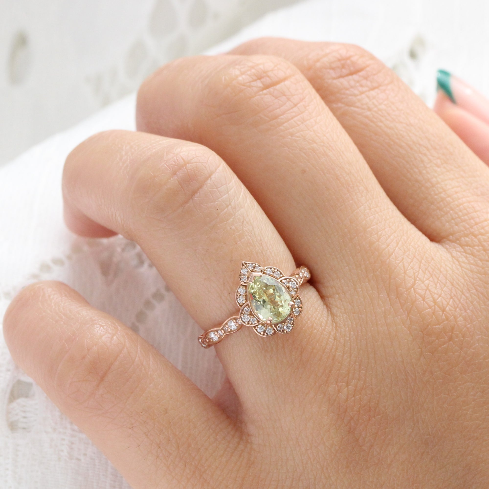 Vintage style pear cut sea-foam green sapphire ring rose gold sapphire diamond ring la more design jewelry