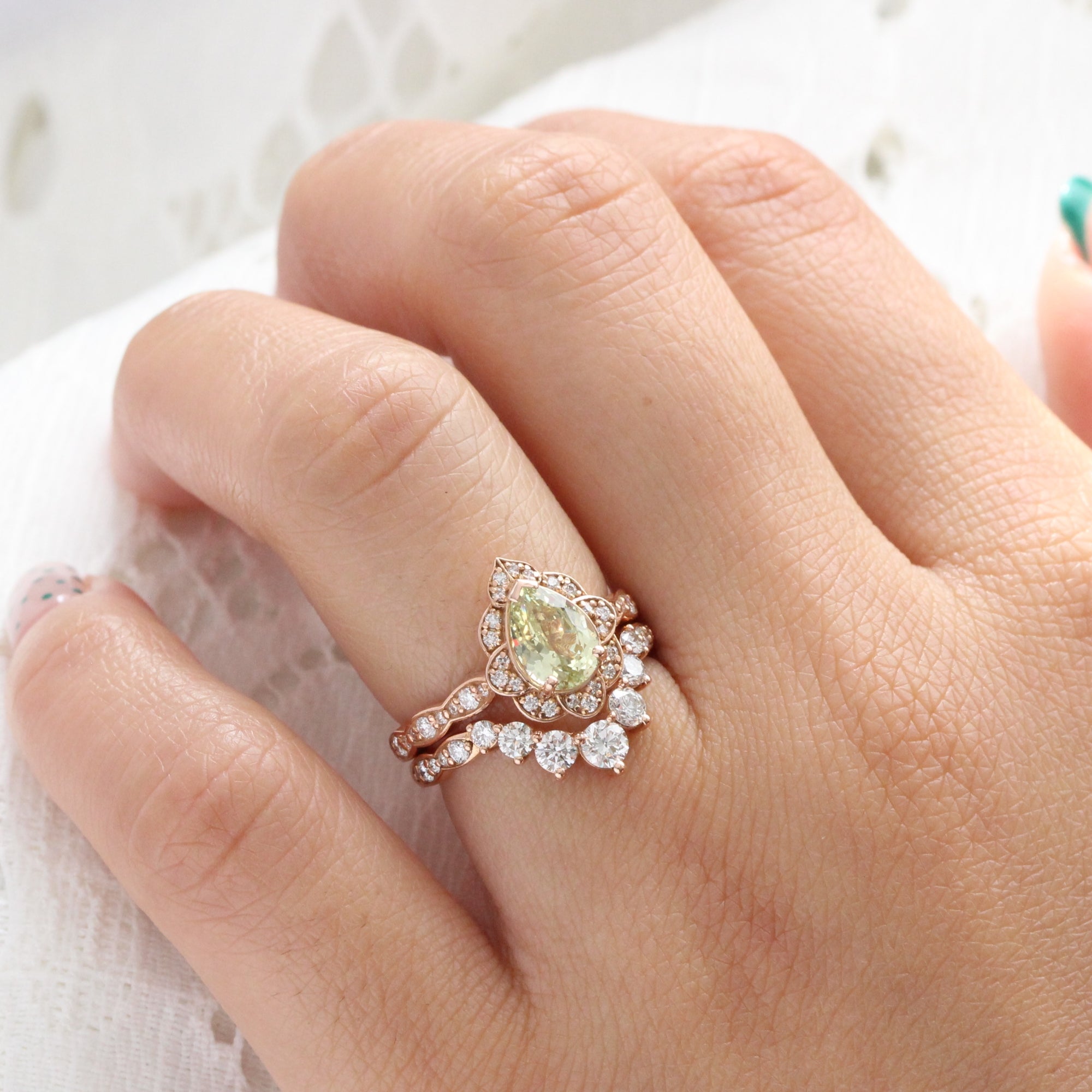 Vintage style pear cut sea-foam green sapphire ring rose gold sapphire diamond ring la more design jewelry