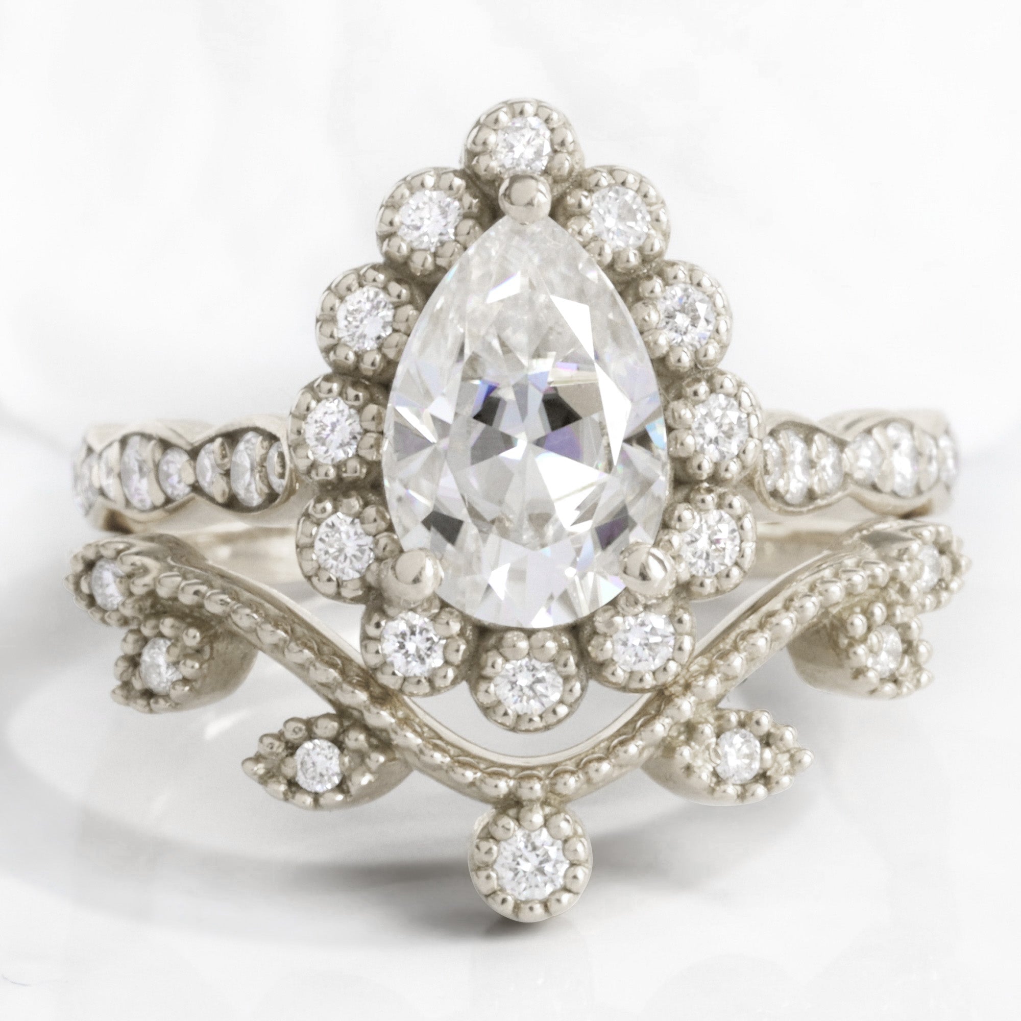 Vintage style pear moissanite ring bridal set white gold curved leaf diamond wedding ring stack la more design jewelry