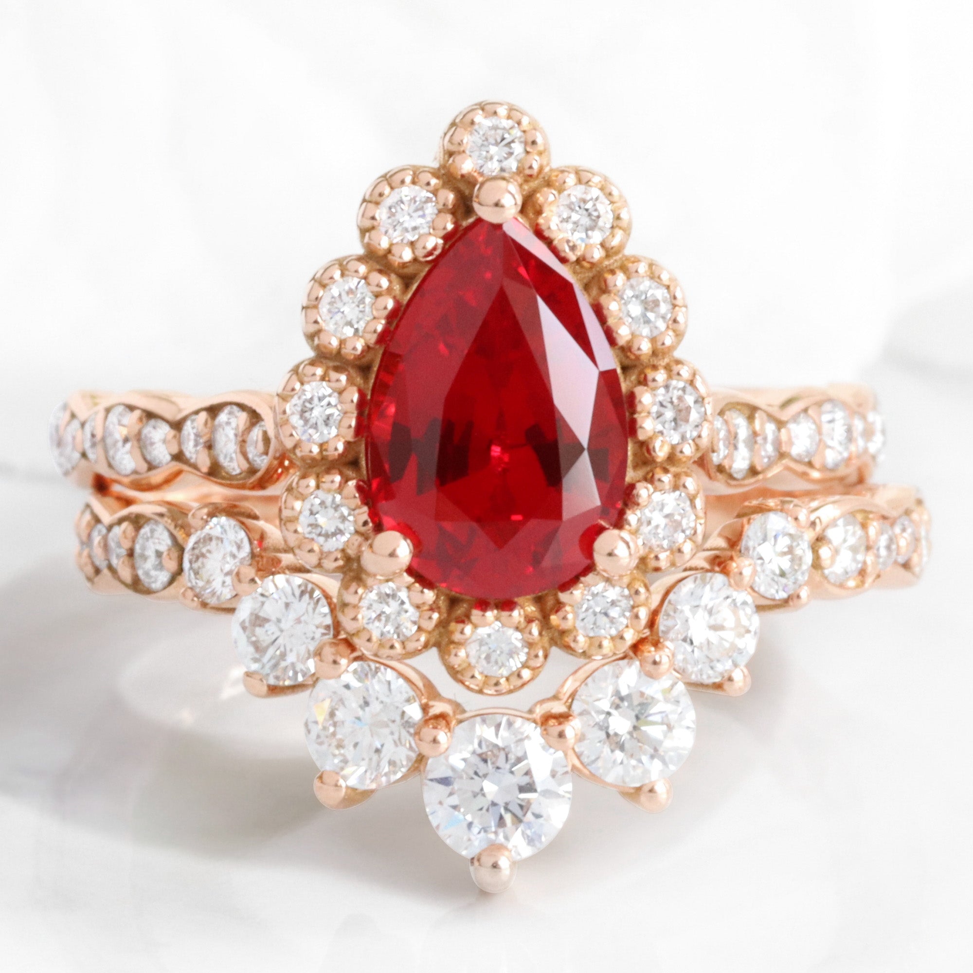 Pear ruby engagement ring bridal set rose gold vintage halo diamond ruby ring stack la more design jewelry