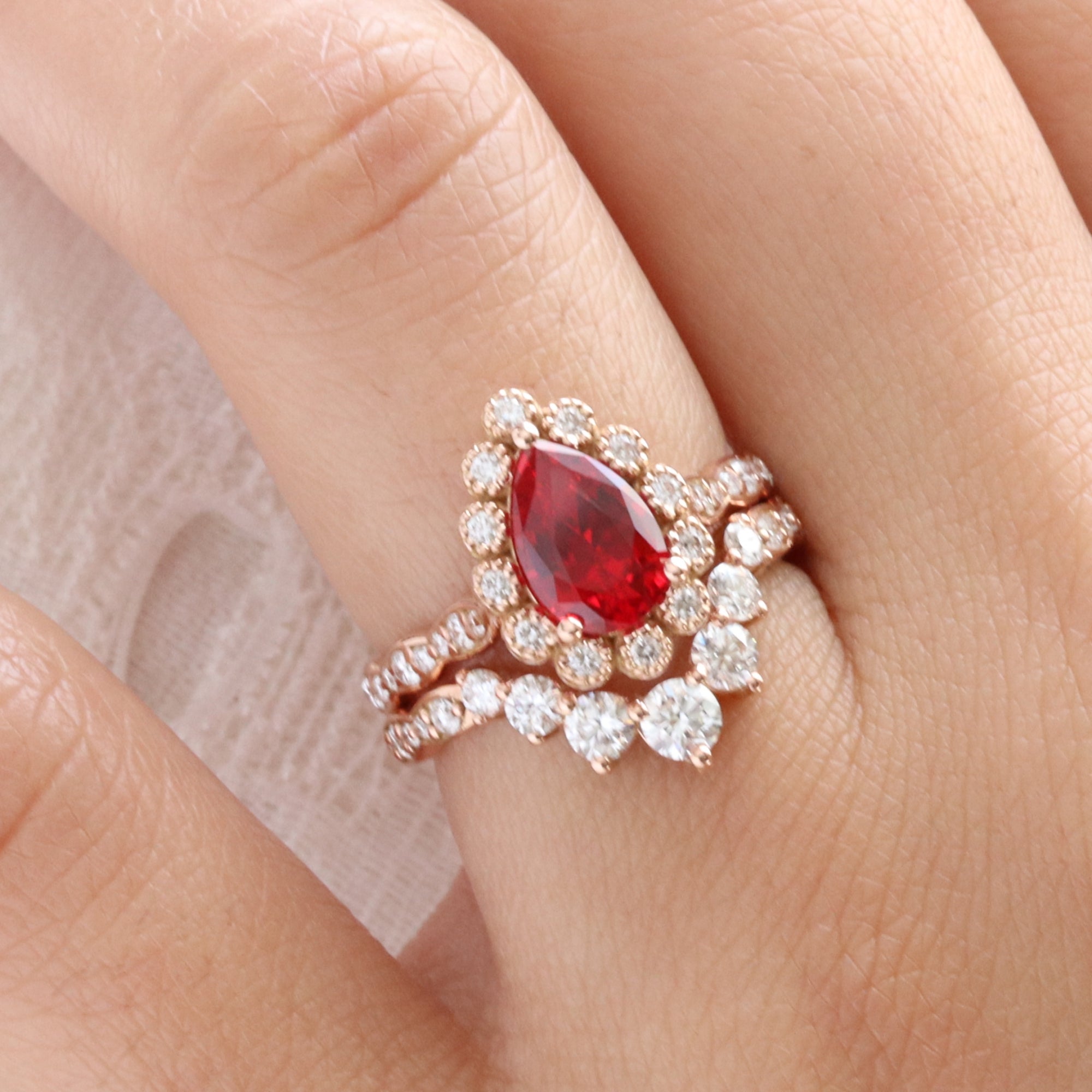 Pear ruby engagement ring bridal set rose gold vintage halo diamond ruby ring stack la more design jewelry