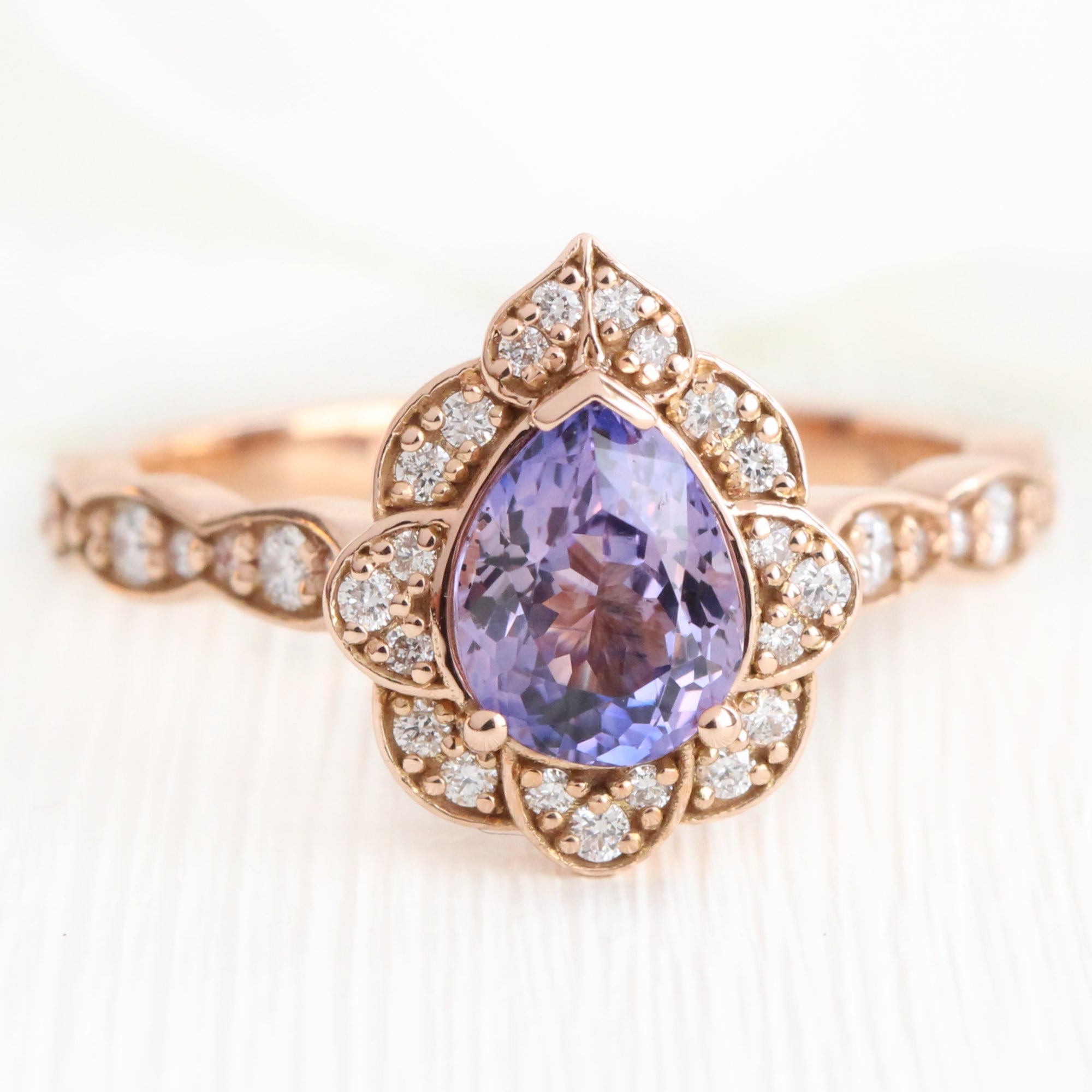 Vintage style purple pear sapphire ring rose gold sapphire diamond ring la more design jewelry