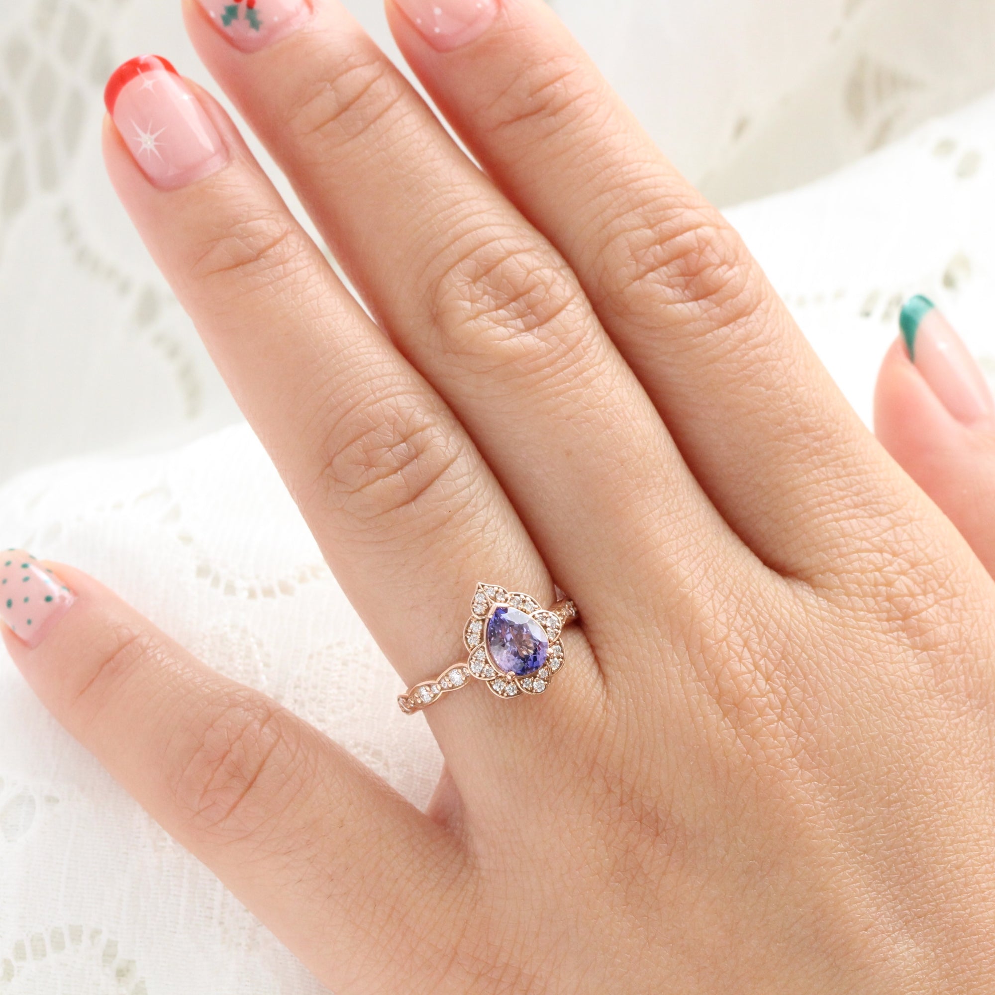 Vintage style purple pear sapphire ring rose gold sapphire diamond ring la more design jewelry