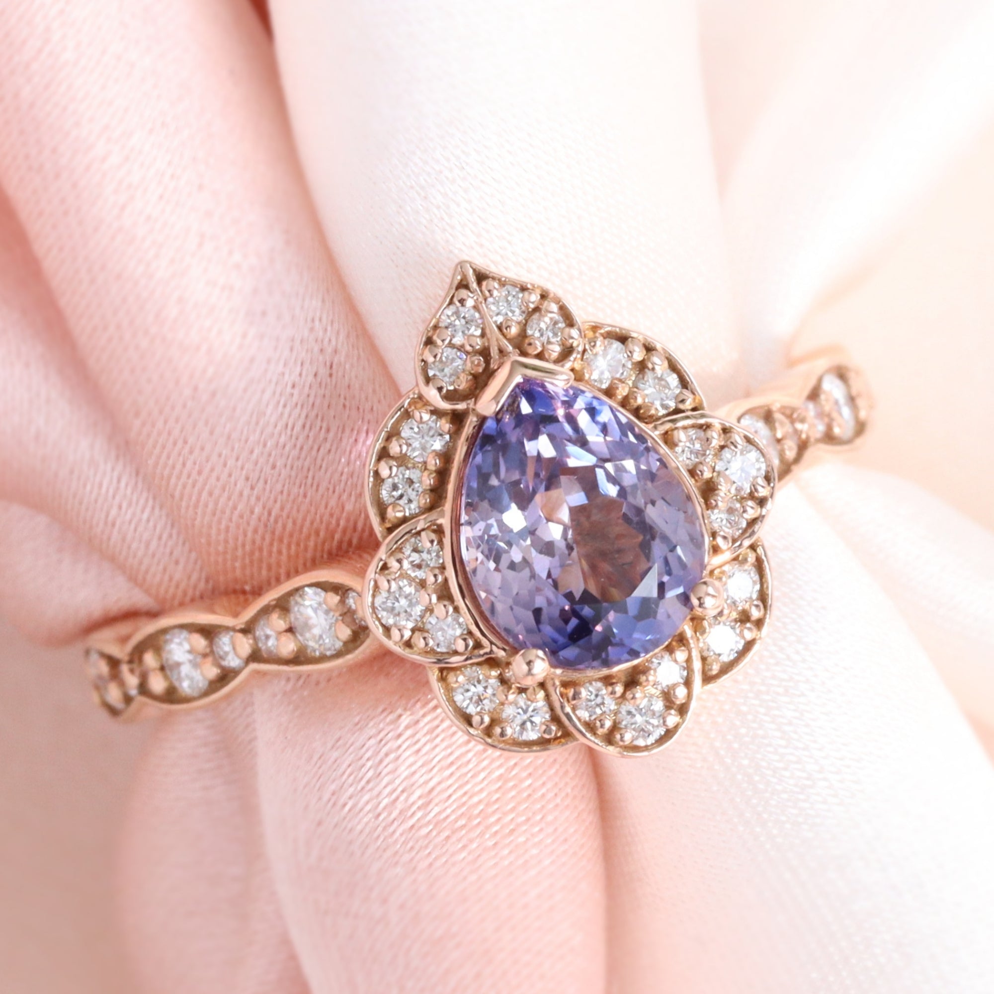 Vintage style purple pear sapphire ring rose gold sapphire diamond ring la more design jewelry