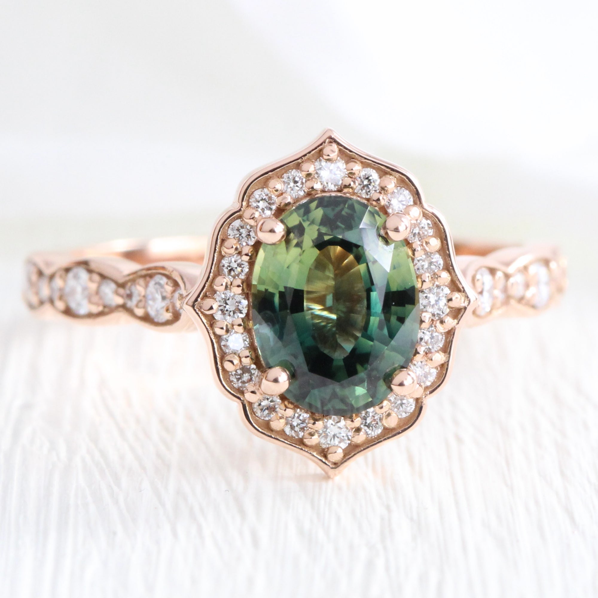 Vintage style teal green sapphire ring rose gold sapphire diamond ring la more design jewelry