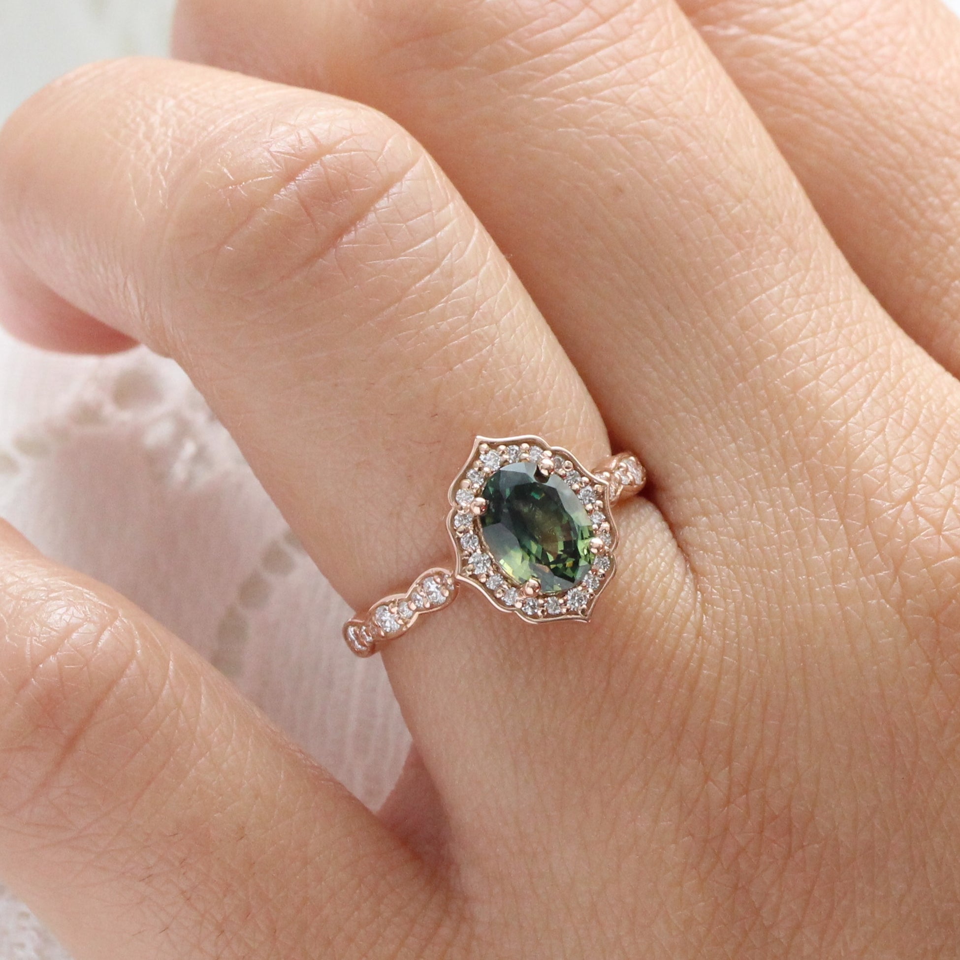 Vintage style teal green sapphire ring rose gold sapphire diamond ring la more design jewelry