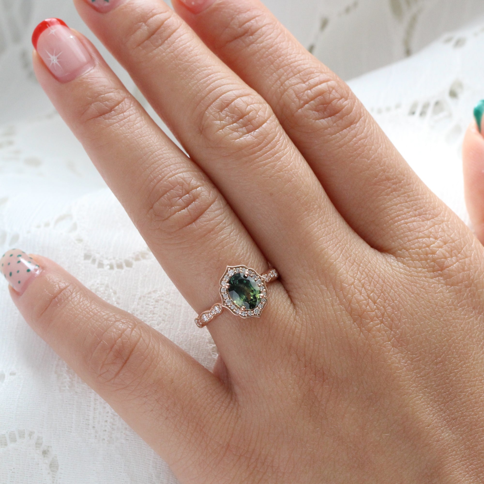 Vintage style teal green sapphire ring rose gold sapphire diamond ring la more design jewelry
