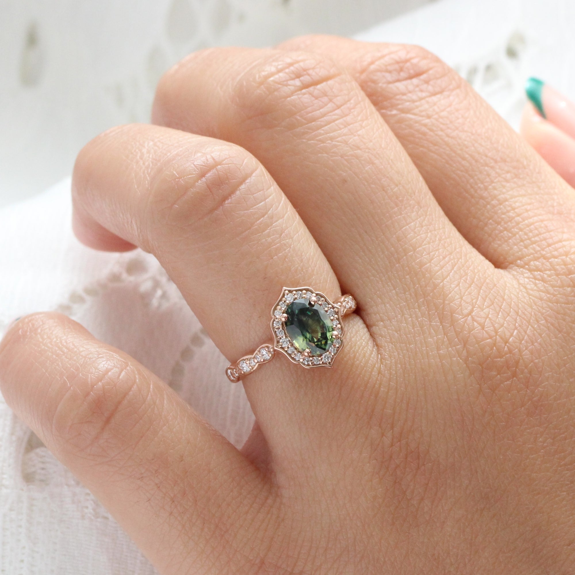 Vintage style teal green sapphire ring rose gold sapphire diamond ring la more design jewelry
