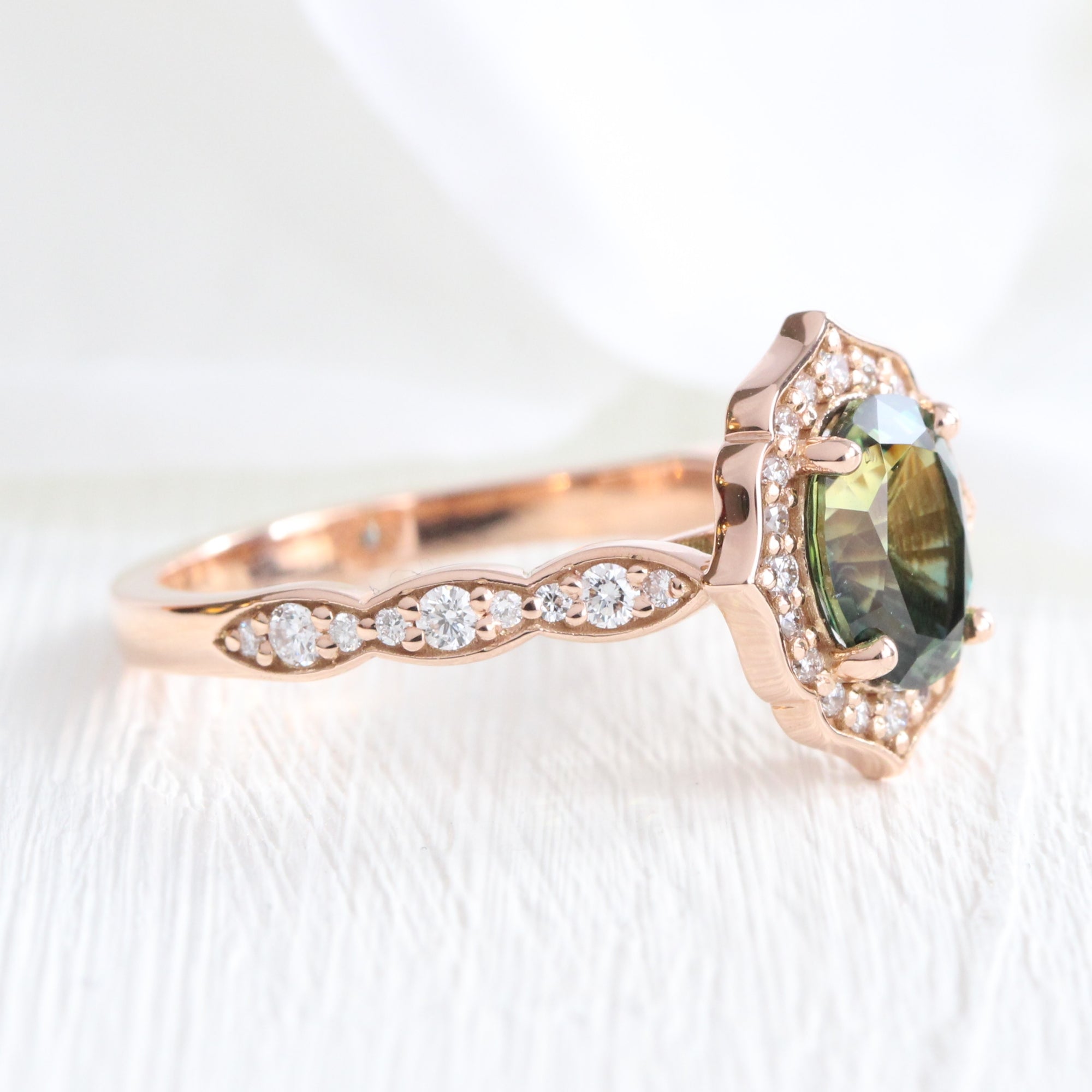 Vintage style teal green sapphire ring rose gold sapphire diamond ring la more design jewelry