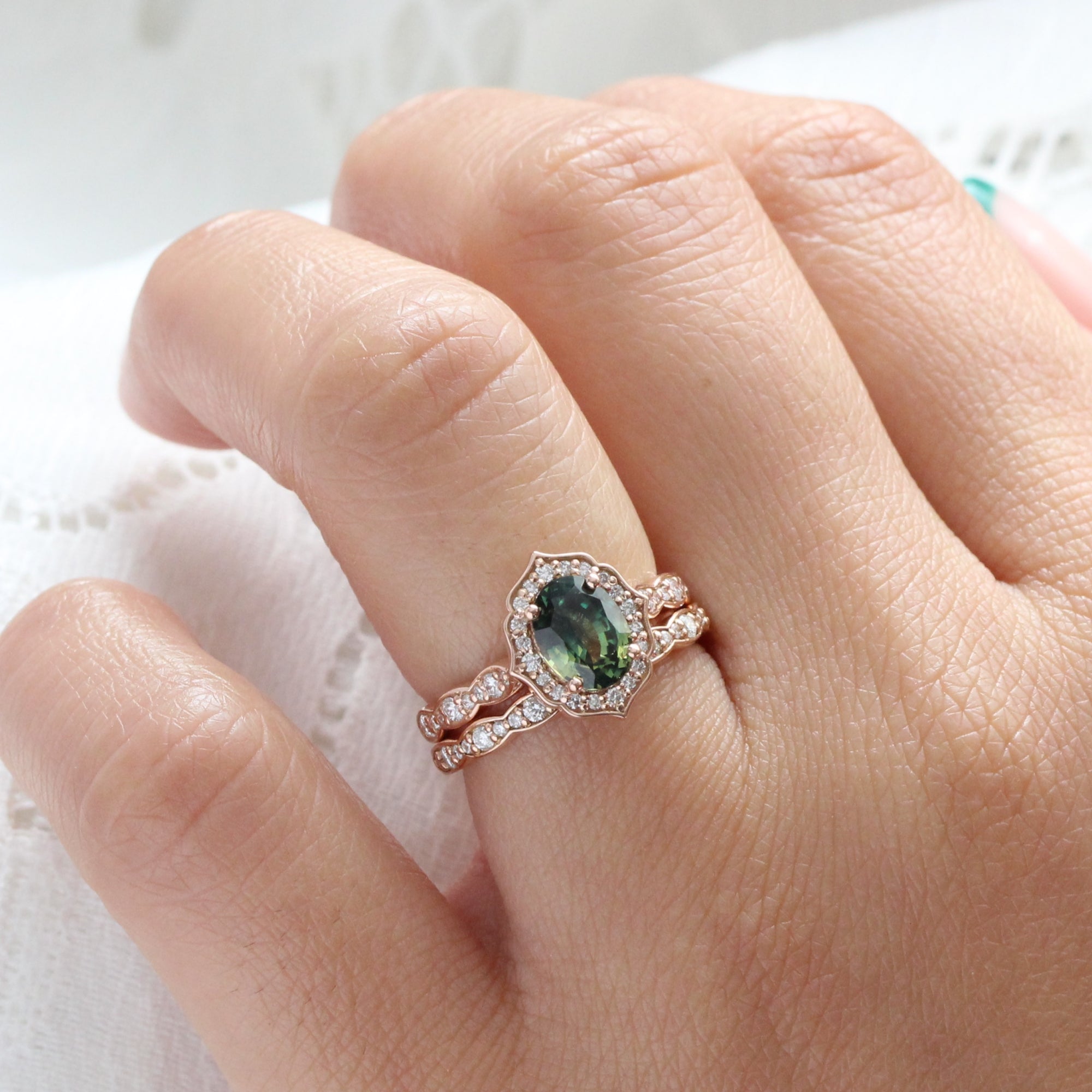 Vintage style teal green sapphire ring rose gold sapphire diamond ring la more design jewelry