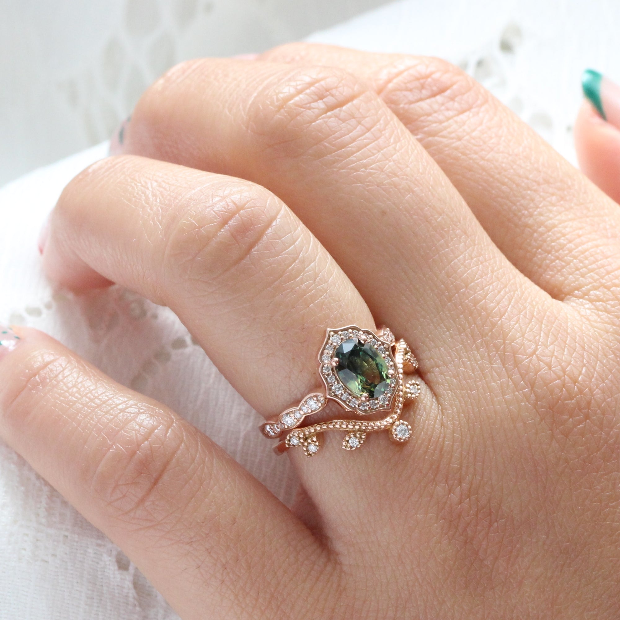 Vintage style teal green sapphire ring rose gold sapphire diamond ring la more design jewelry