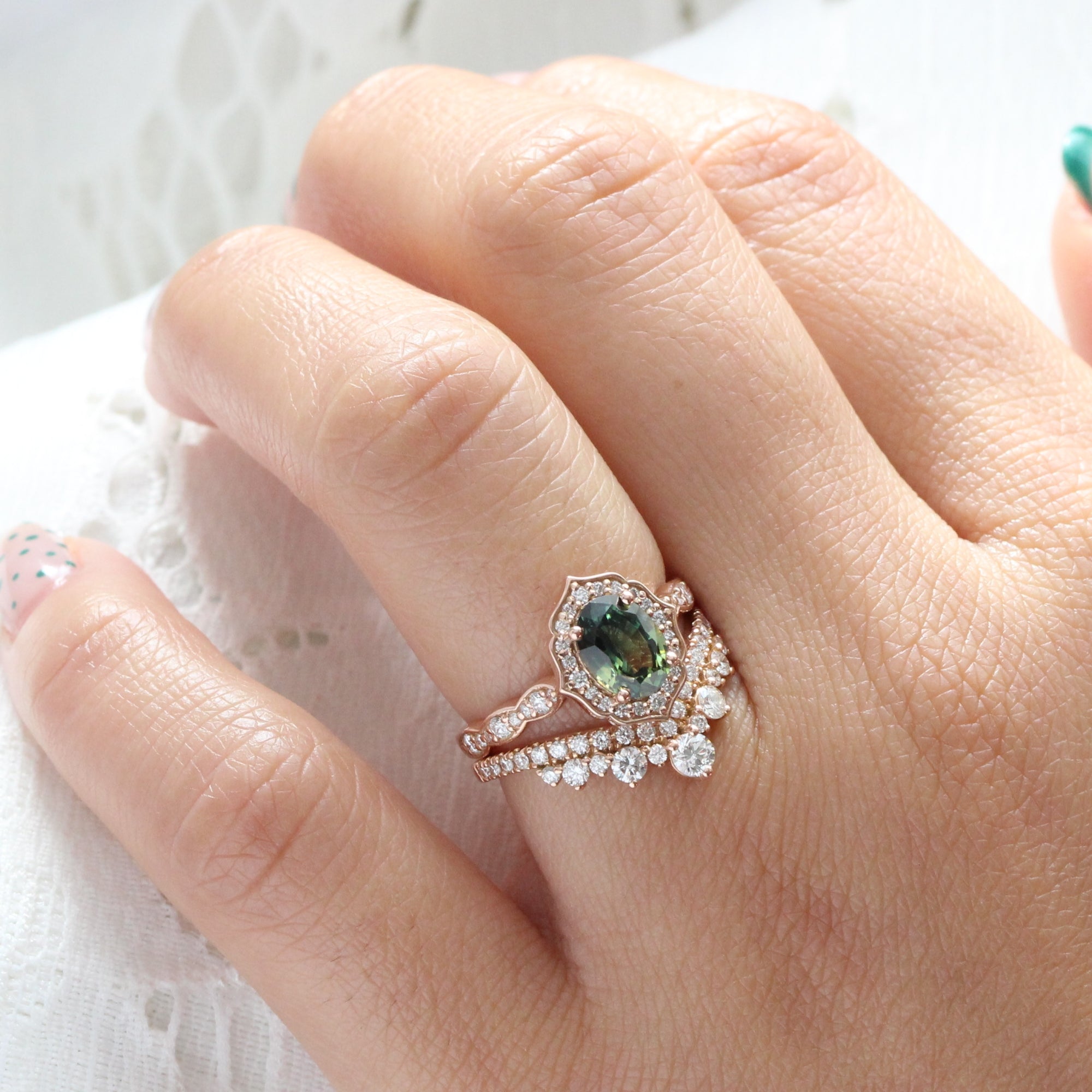 Vintage style teal green sapphire ring rose gold sapphire diamond ring la more design jewelry