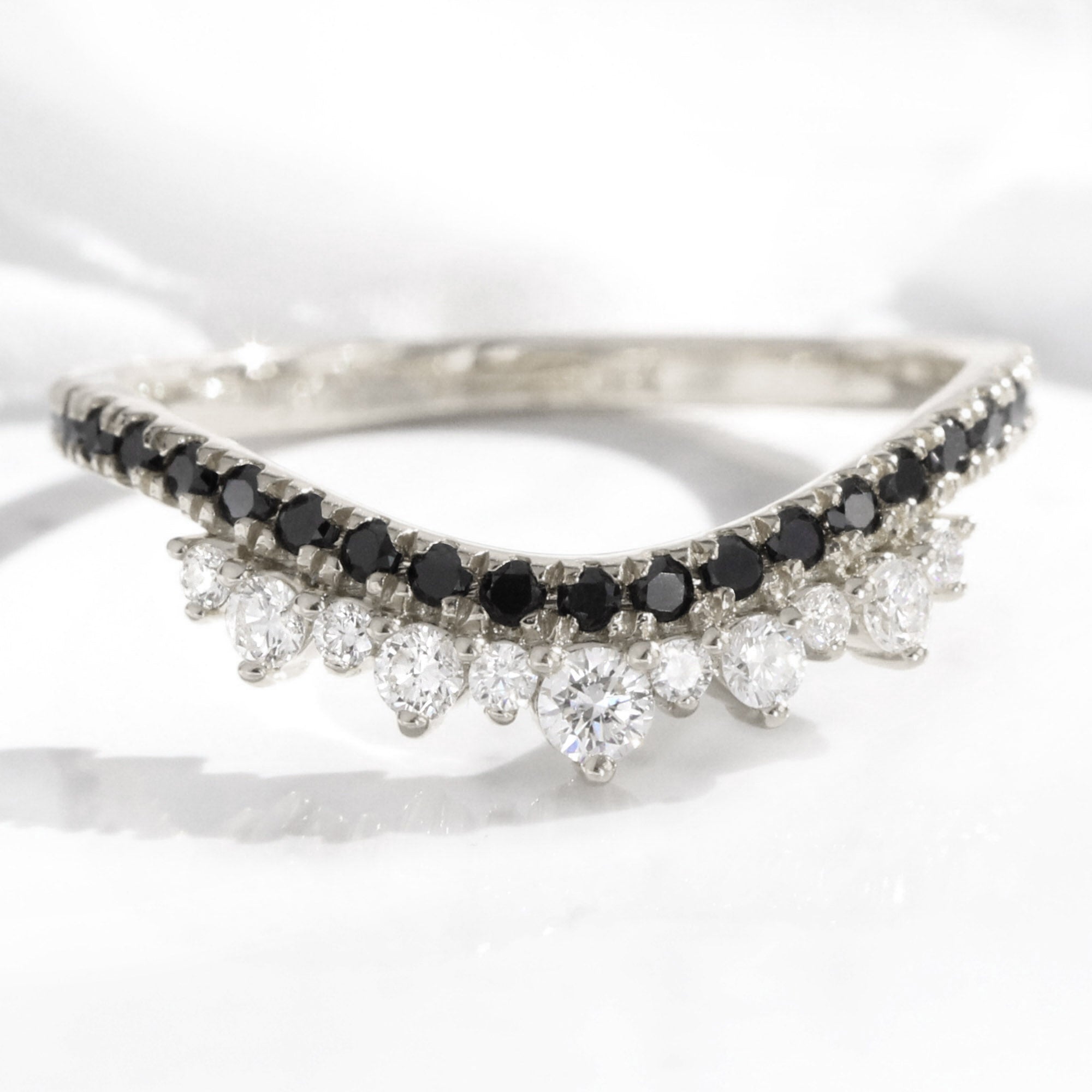 White and black diamond wedding band white gold curved crown diamond ring la more design jewelry
