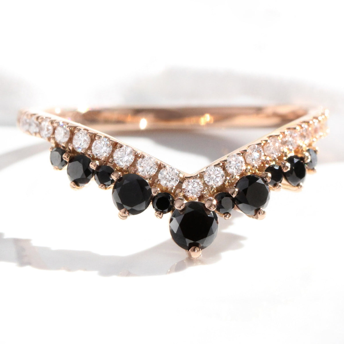 White and black diamond wedding ring rose gold curved V diamond band la more design jewelry