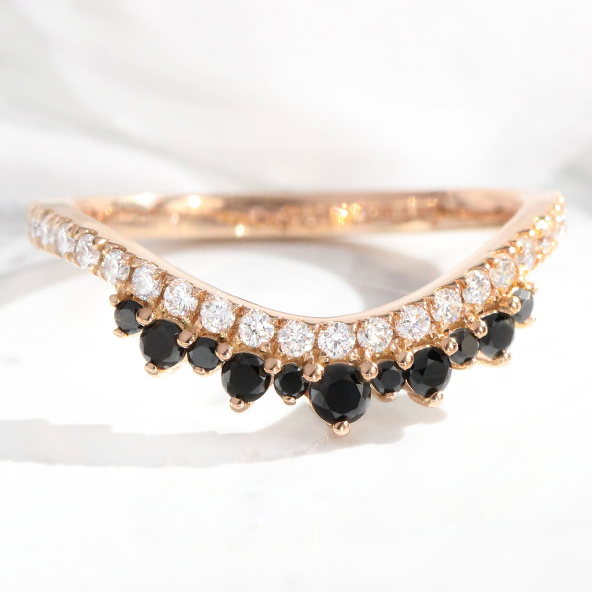 White and black diamond wedding ring rose gold curved crown diamond band la more design jewelry